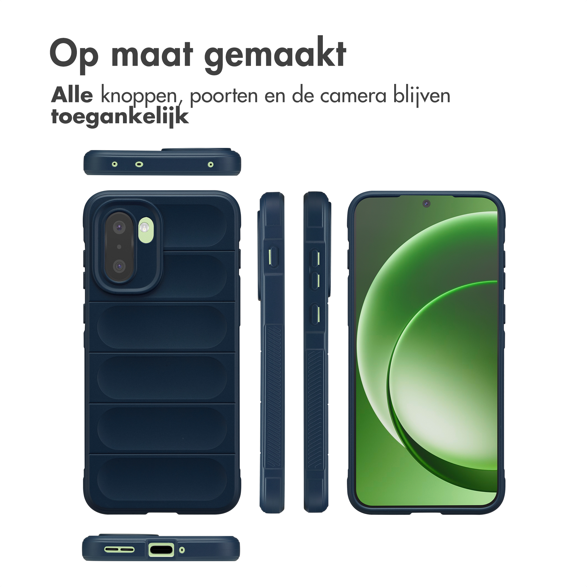 Donkerblauwe telefoonhoes met horizontale ribbels, camera en poorten.