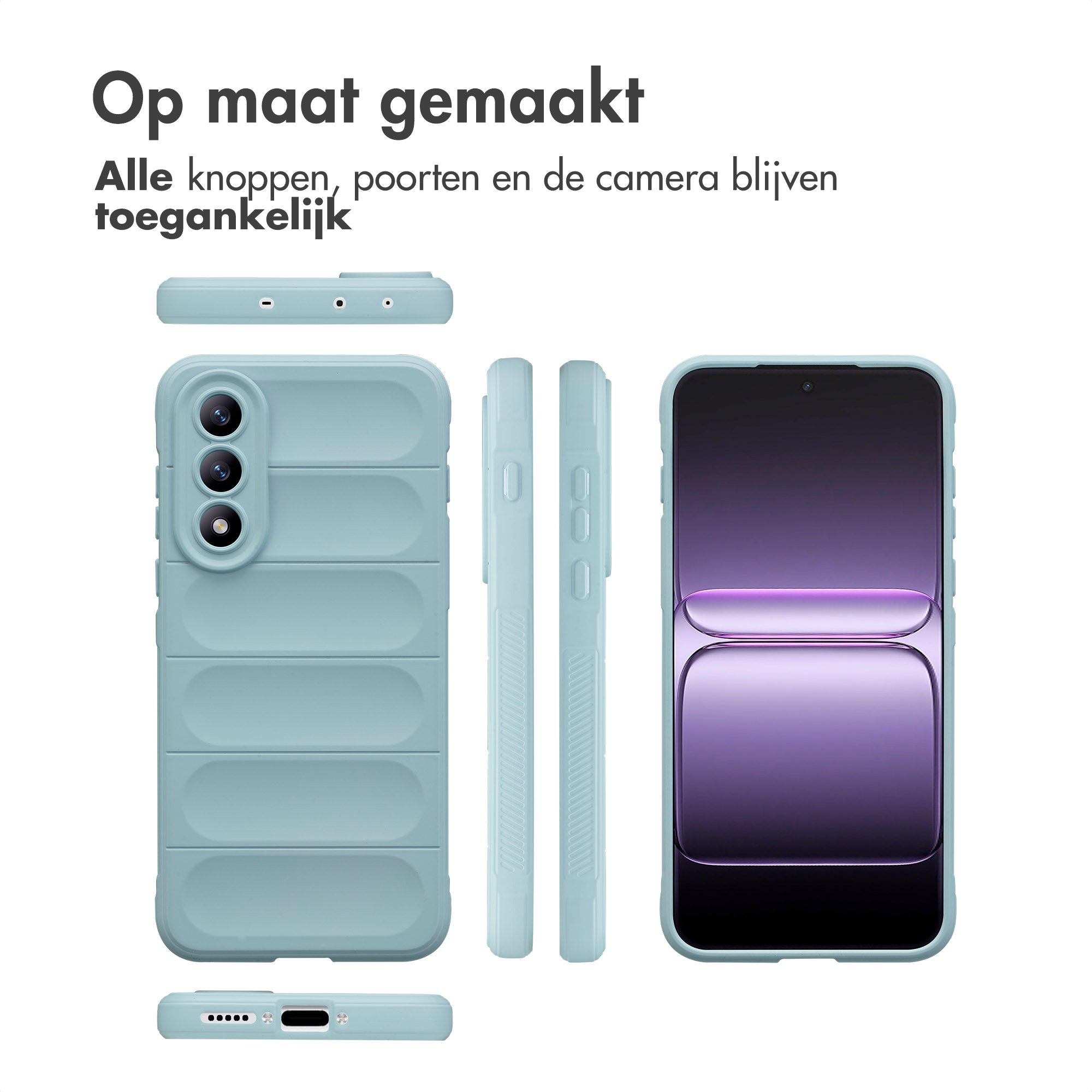 Coque de téléphone bleu clair vue de face, dos et côtés, avec téléphone.