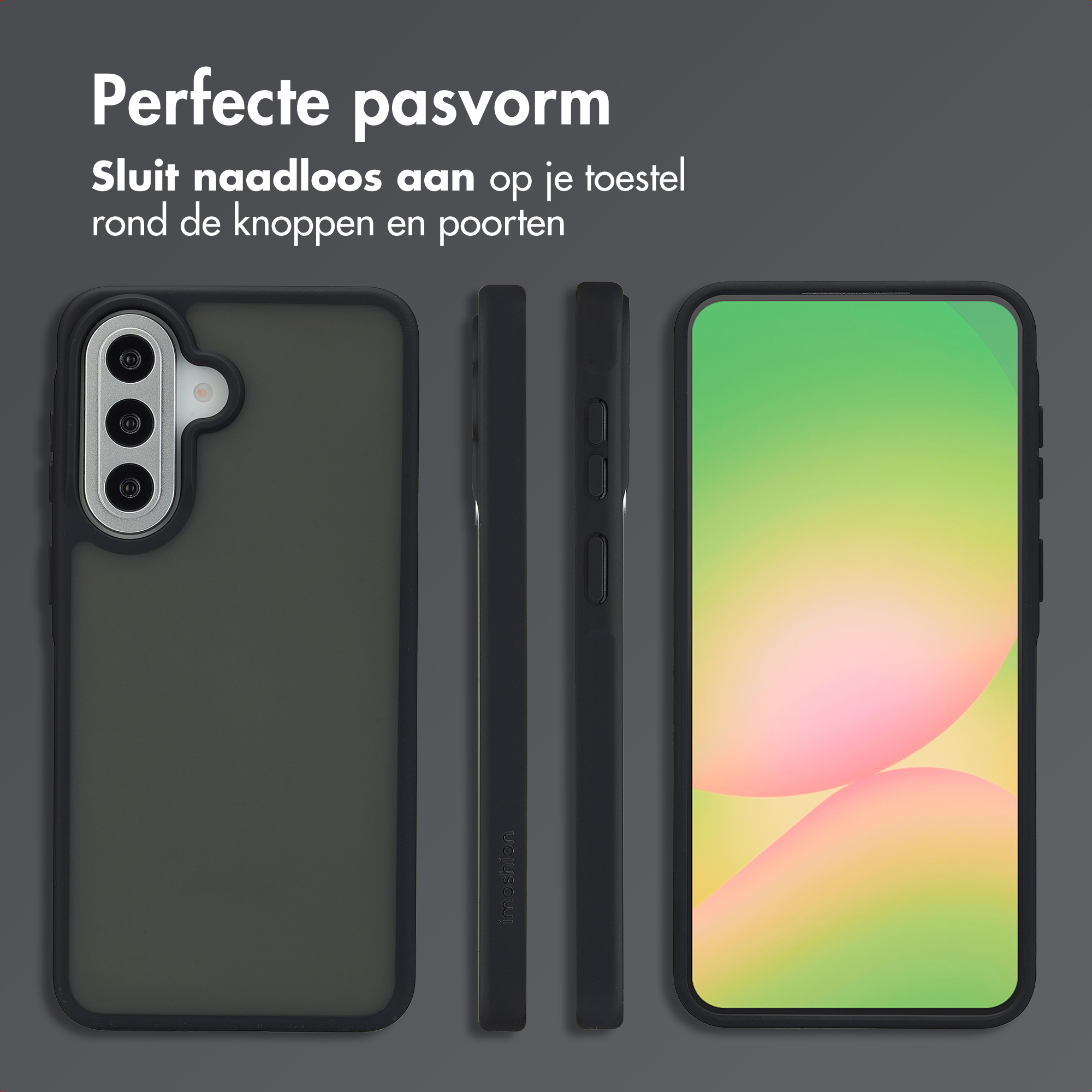 Trois vues d'une coque de téléphone noire : arrière, latérale et écran avant.