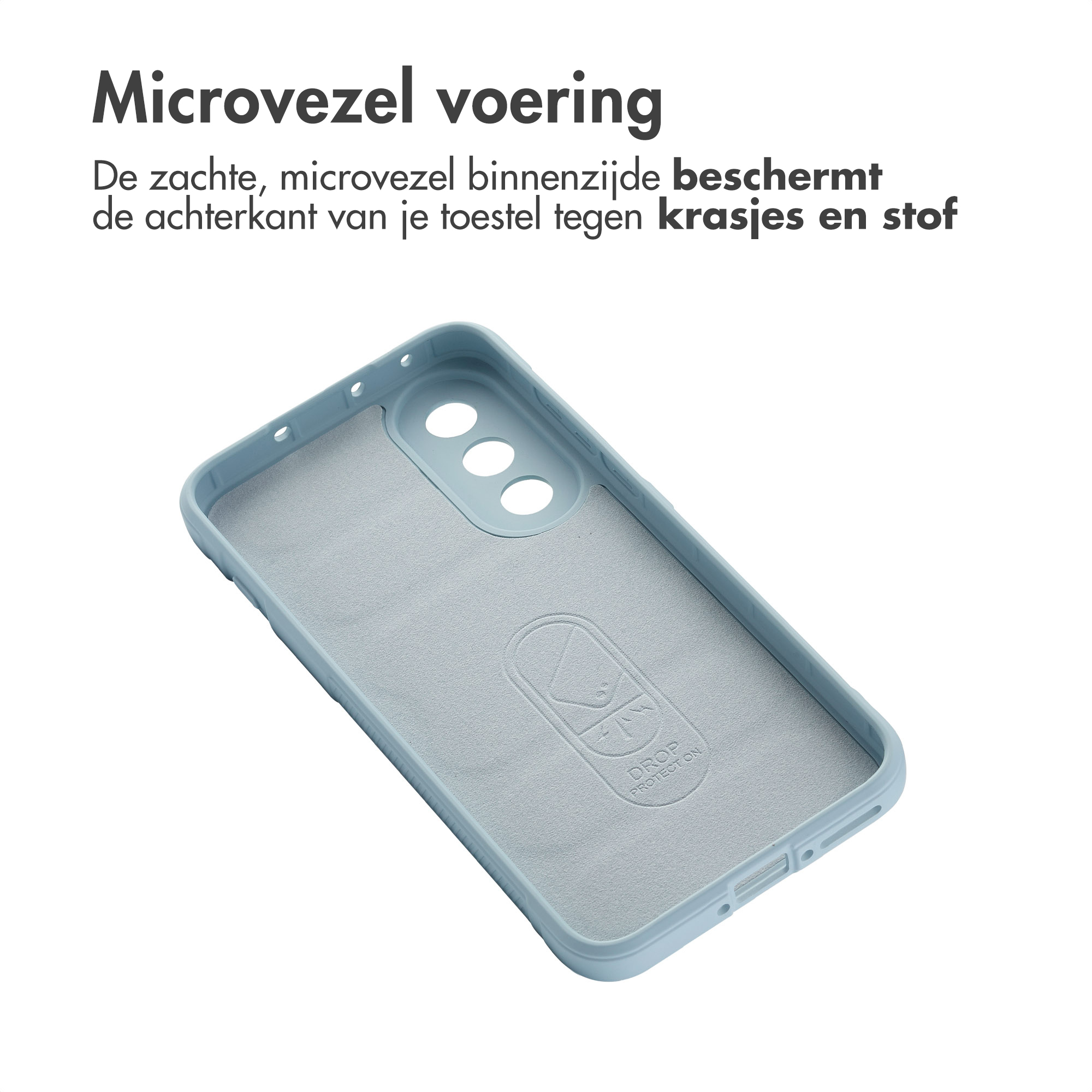 Coque de téléphone bleu clair avec doublure en microfibre et logo "Drop Protection".
