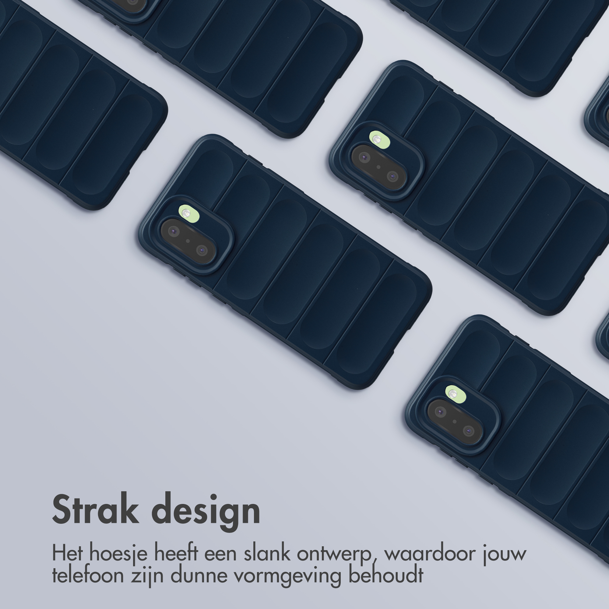 Donkerblauwe ribbel telefoonhoesjes op lichtgrijze achtergrond.