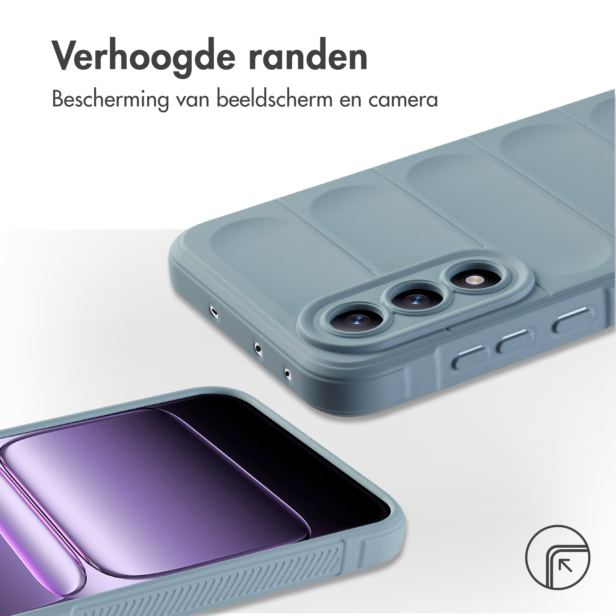 Coque de téléphone grise avec îlot caméra et un second écran violet.