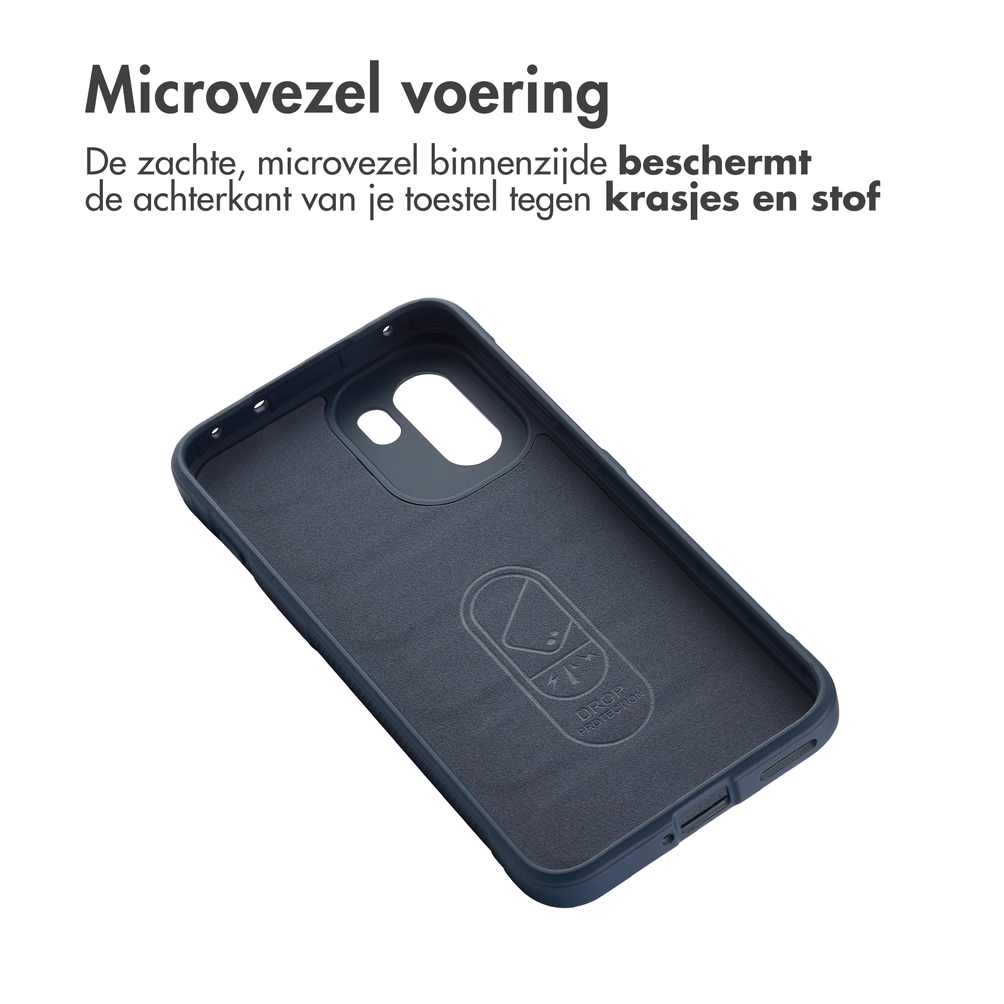 Donkerblauw telefoonhoesje met microvezel voering en "Drop Protection" logo.