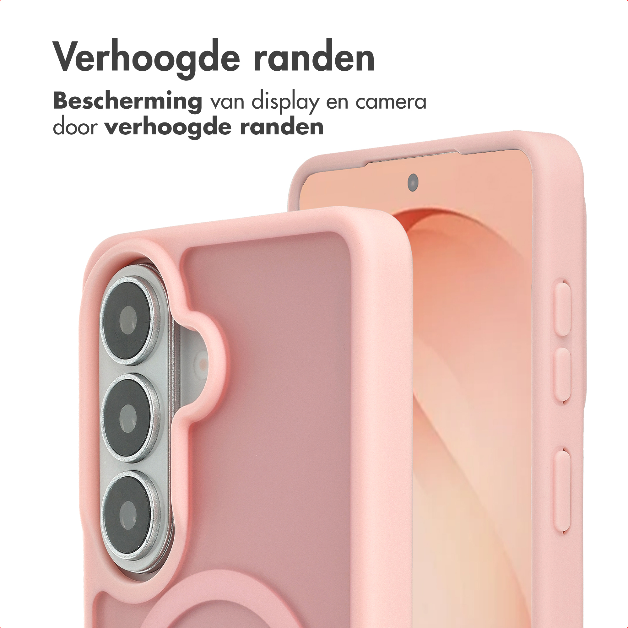 Roze telefoonhoes met verhoogde randen voor camera en scherm.