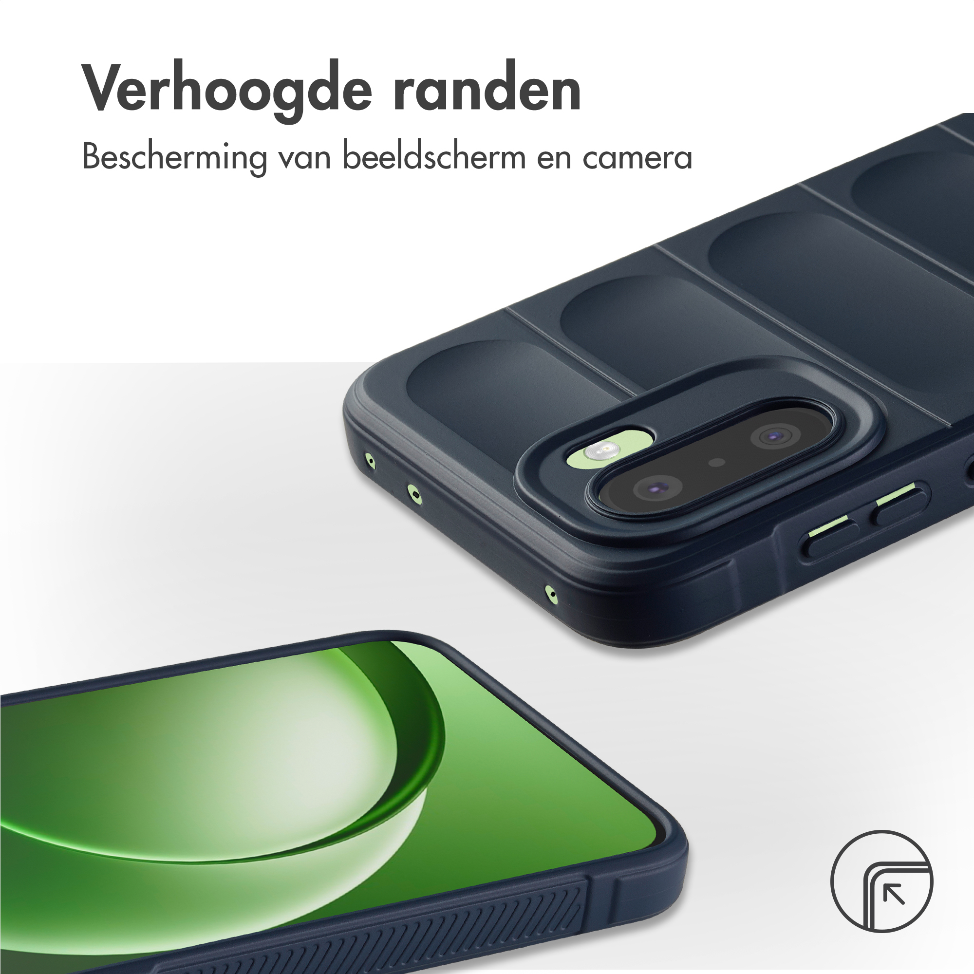 Donkerblauw telefoonhoesje met verhoogde randen beschermt scherm en camera.