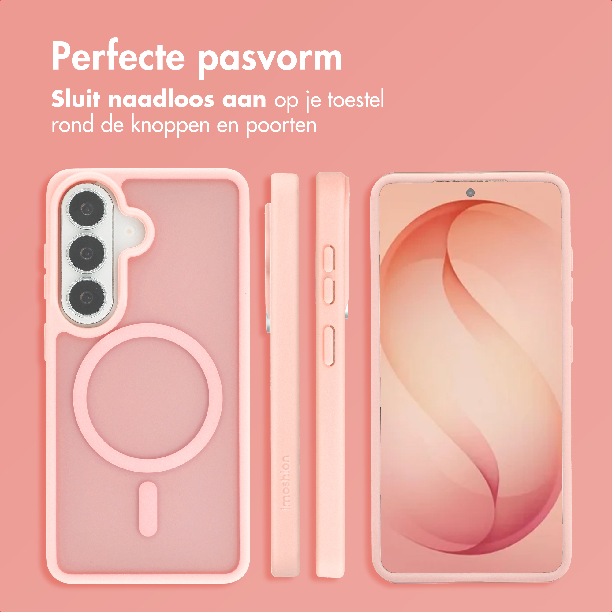 Een roze telefoonhoes wordt vanuit verschillende hoeken getoond.
