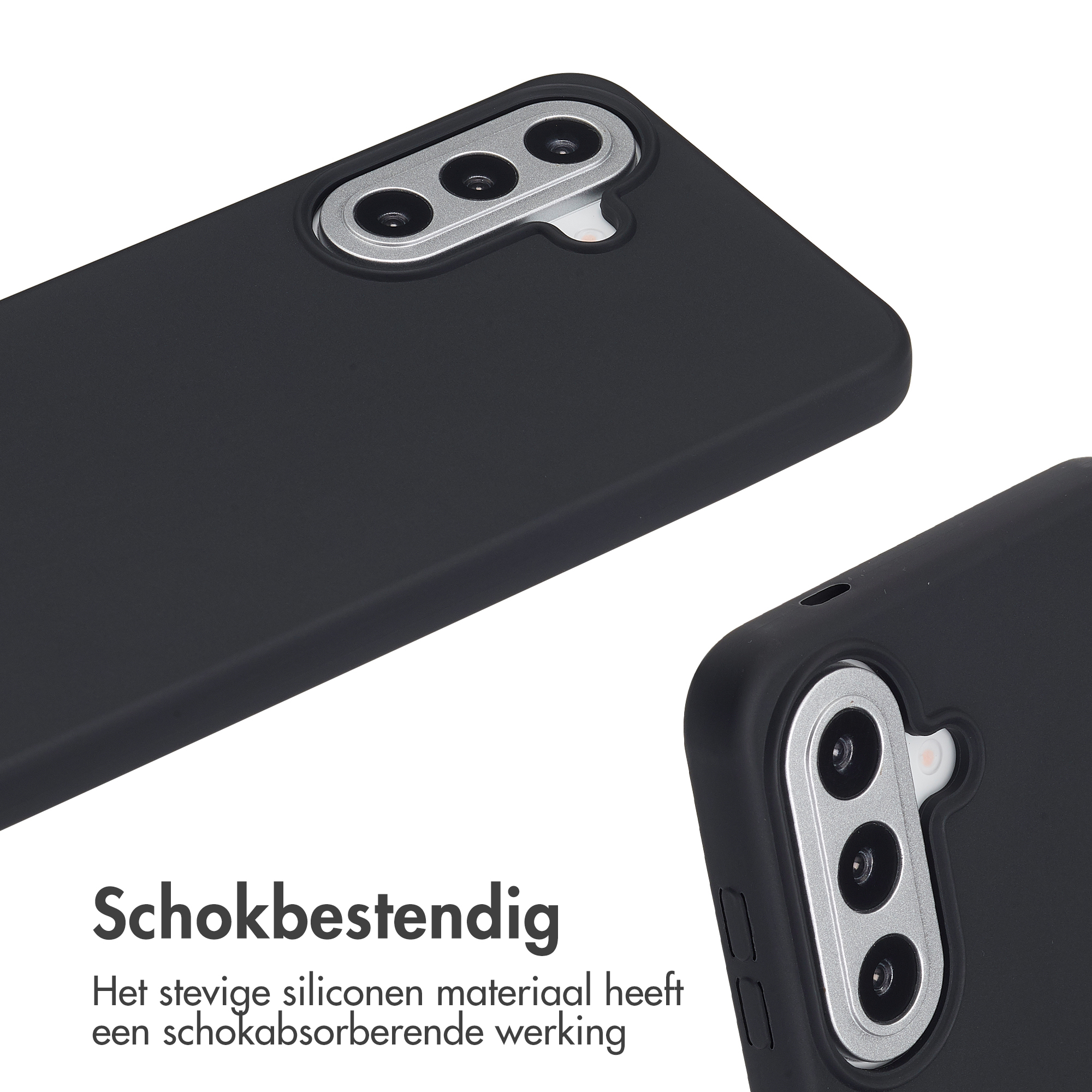 Zwarte telefoonhoes met drie cameralenzen en zilveren frame.