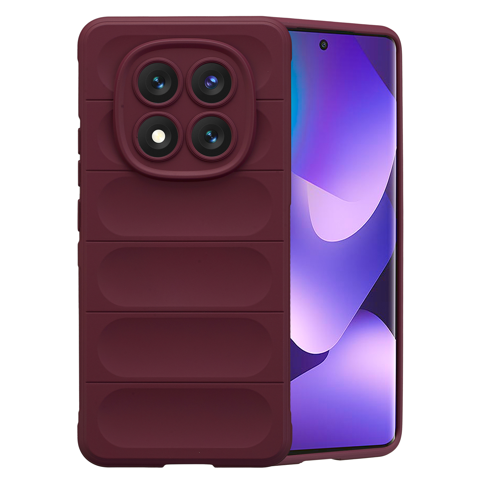 Een bordeauxrode telefoonhoes met vier camera's en een telefoon met paars scherm.