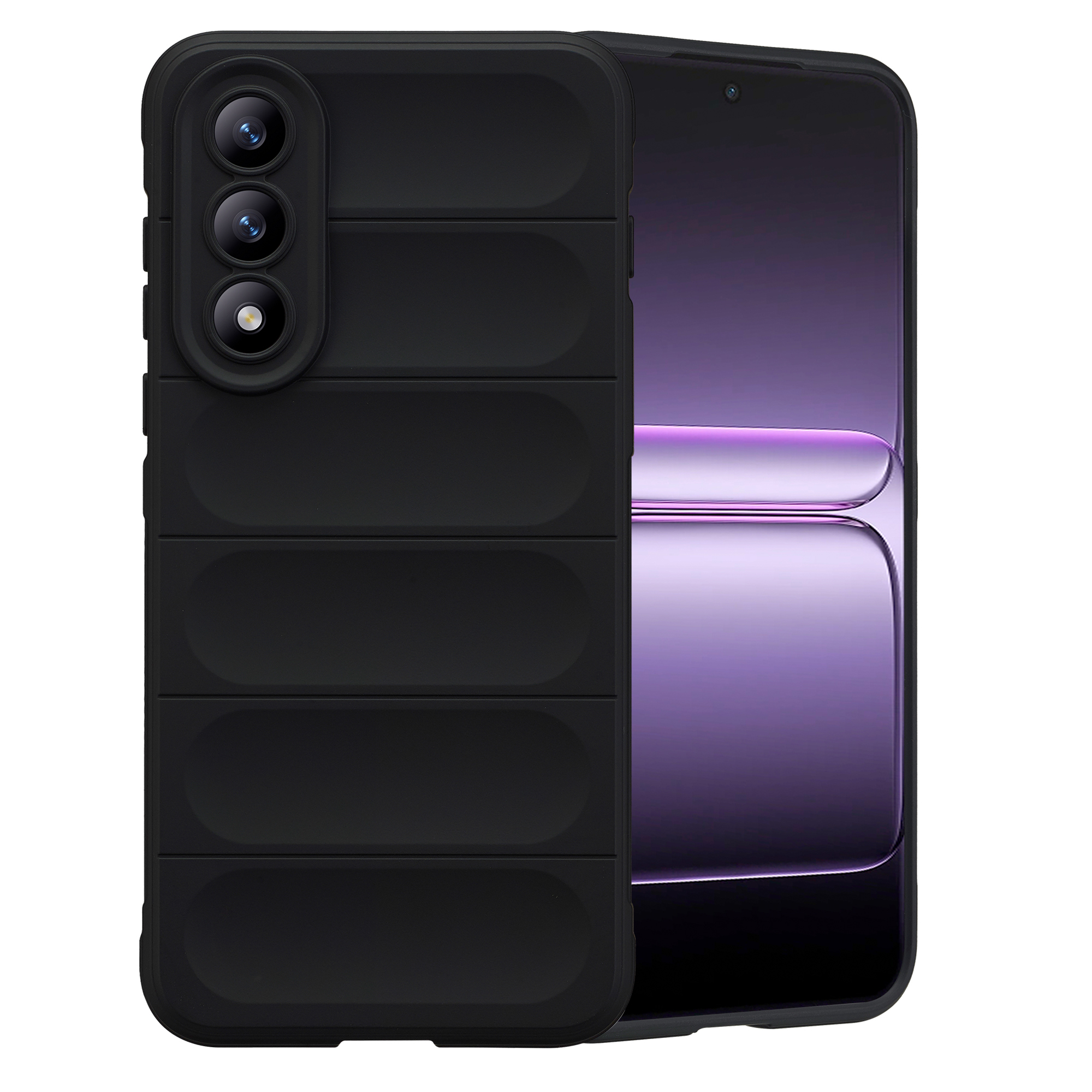 Zwarte telefoonhoes met gestoffeerd ontwerp naast een telefoon met paars scherm.