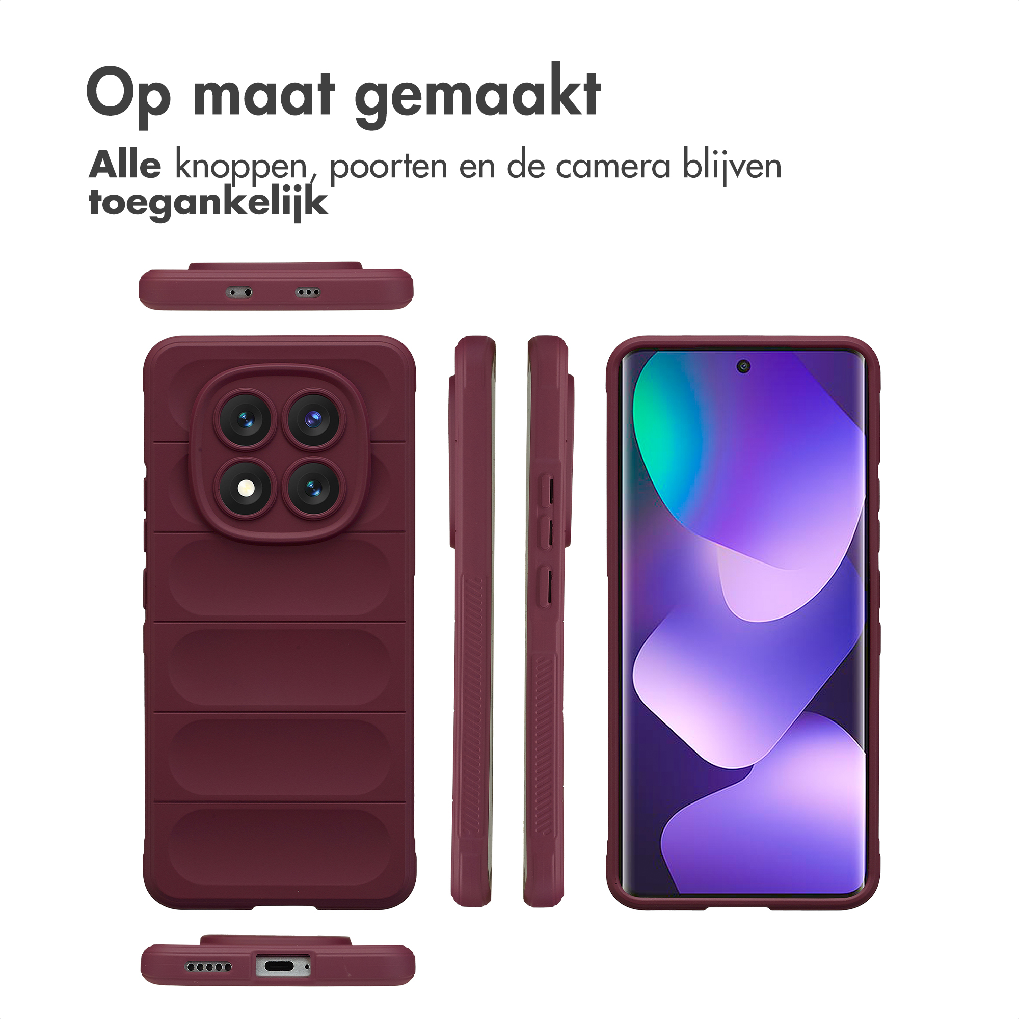 Bordeauxrode telefoonhoes met camerabescherming en zijknopen. Toont voor-, zij- en achterkant.