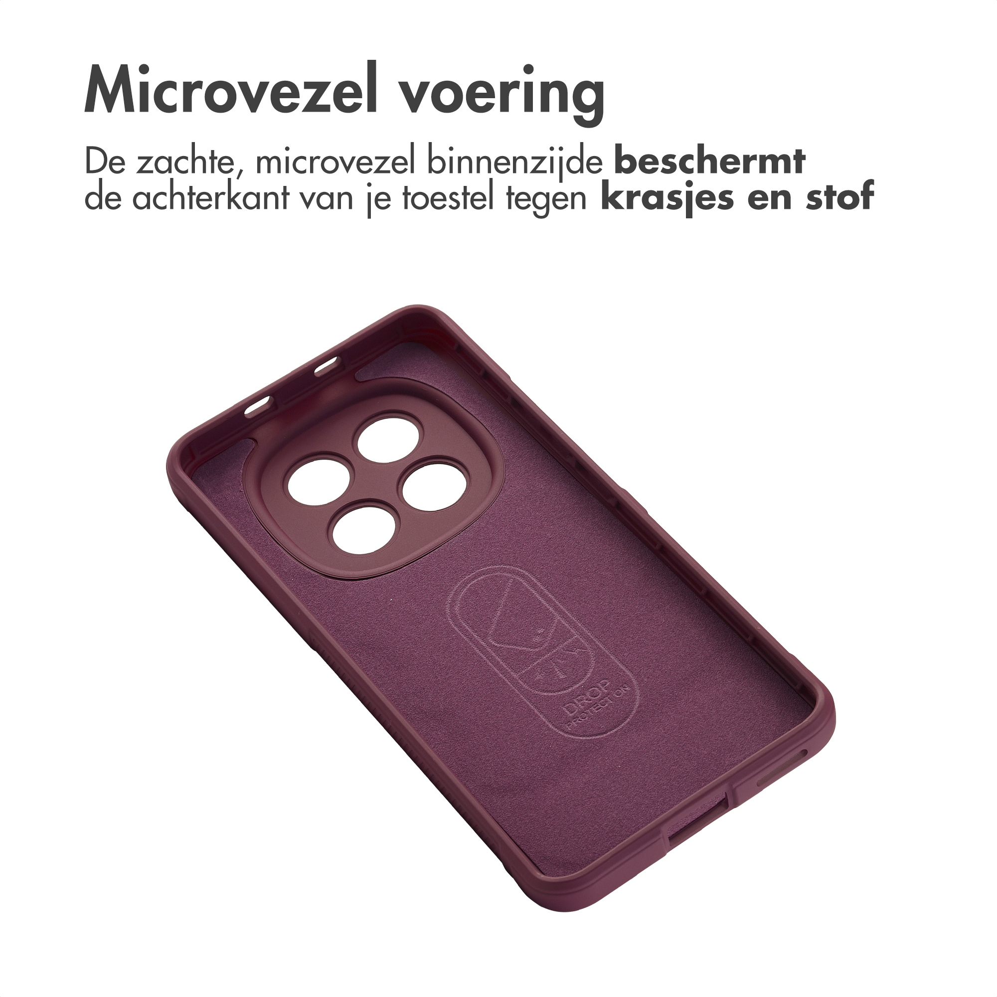 Donkerrode telefoonhoes met microvezelvoering en camerauitsparing.