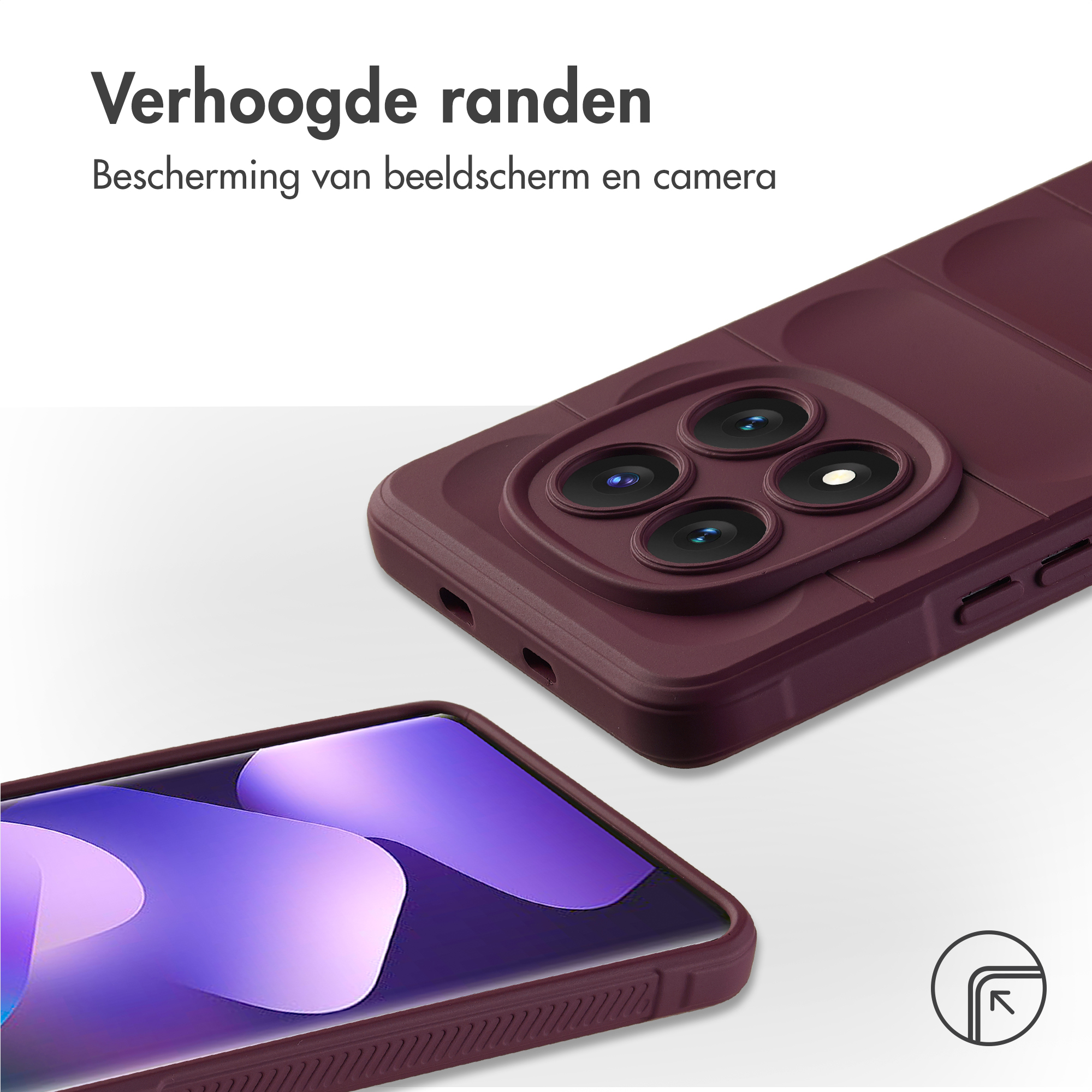 Een bordeaux telefoon met drie camera's en een scherm.