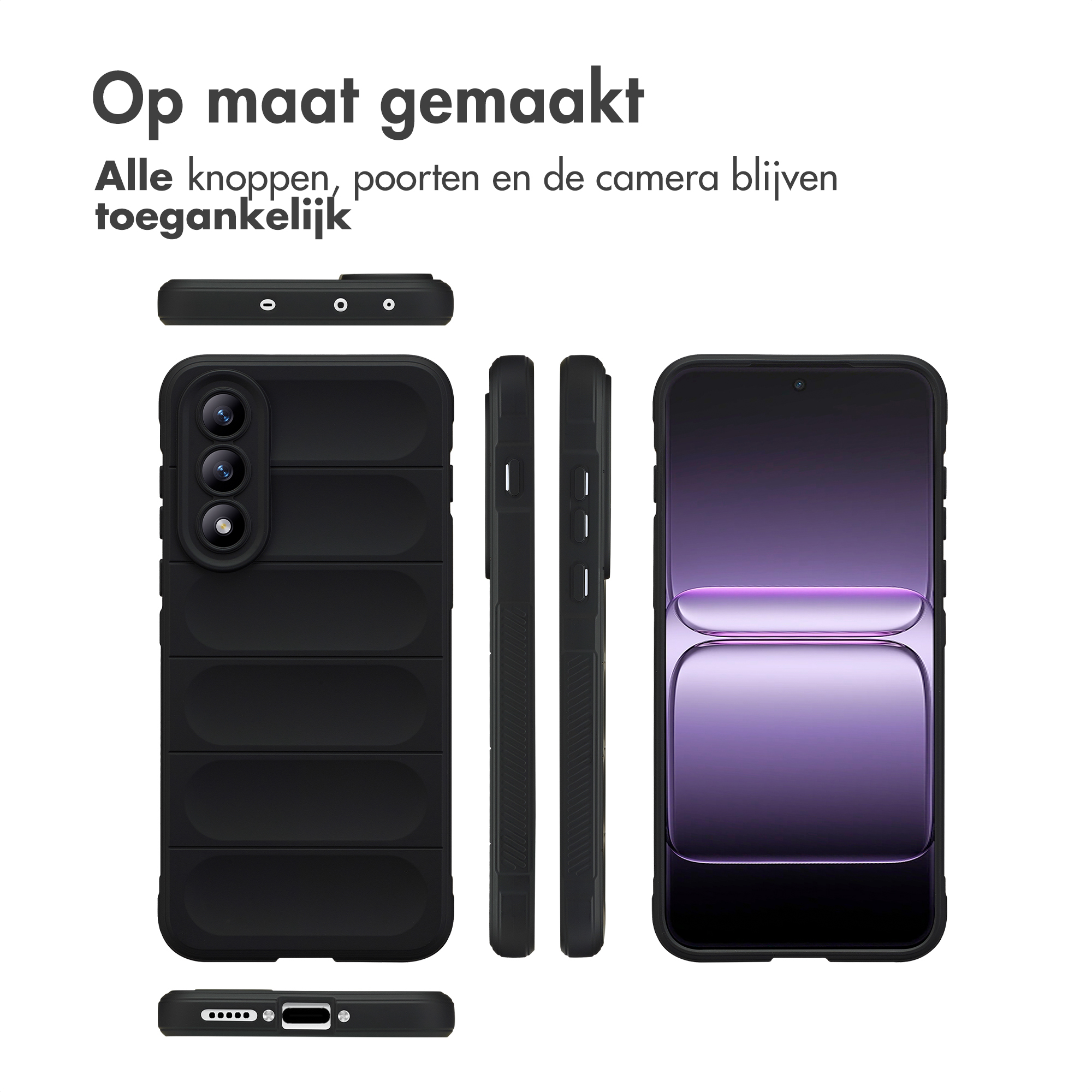 Zwarte telefoonhoesje in drie aanzichten naast een telefoon met paars scherm.