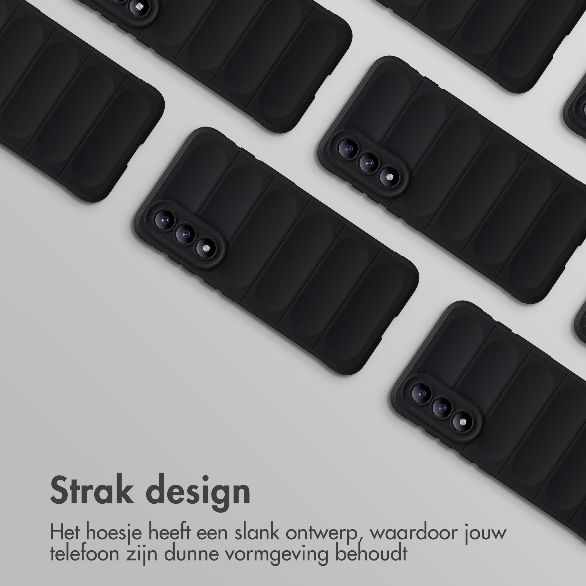 Meerdere zwarte telefoonhoesjes met verticale ribbels op een grijze achtergrond.