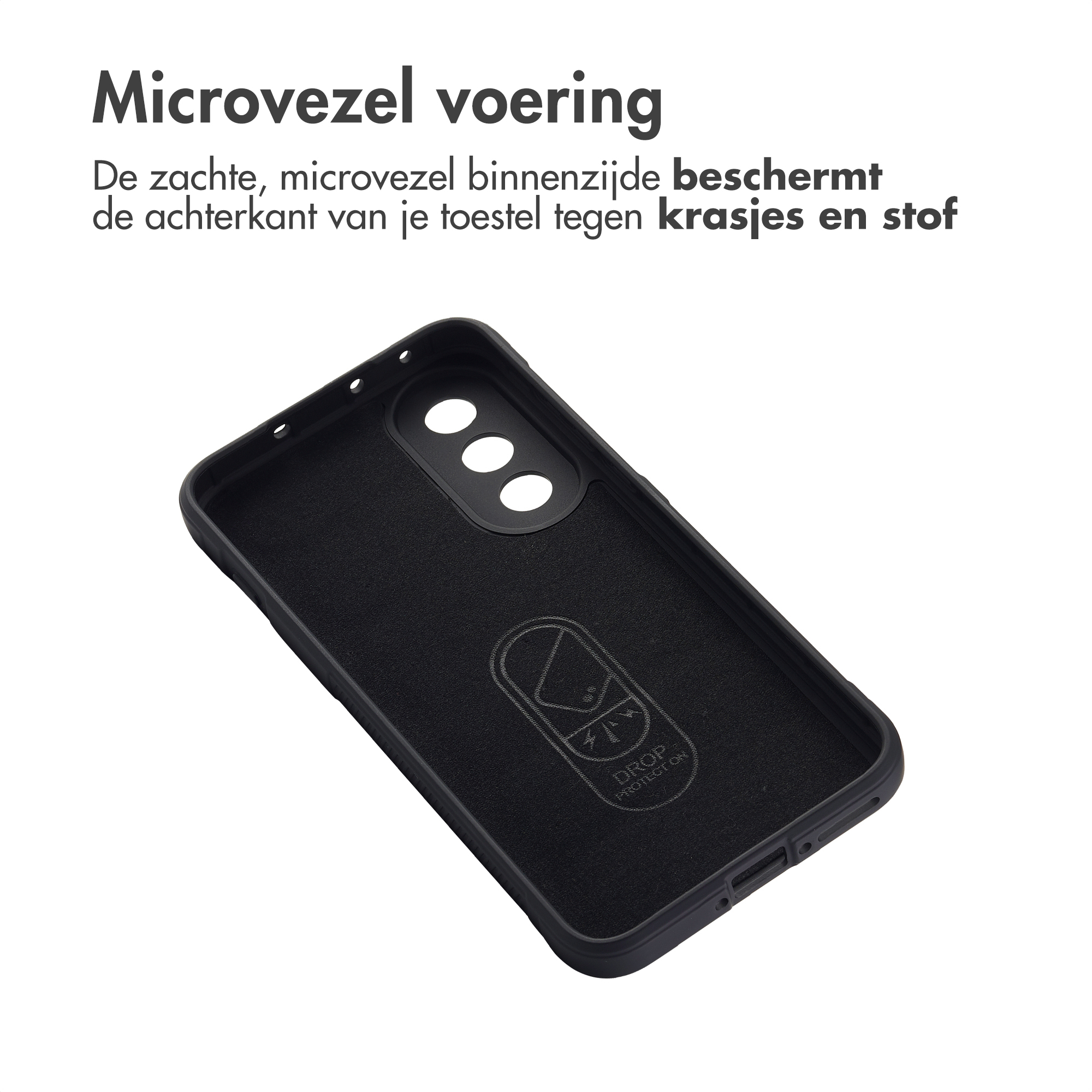 Zwarte telefoonhoes met microvezel voering en uitsparingen voor camera en knoppen.