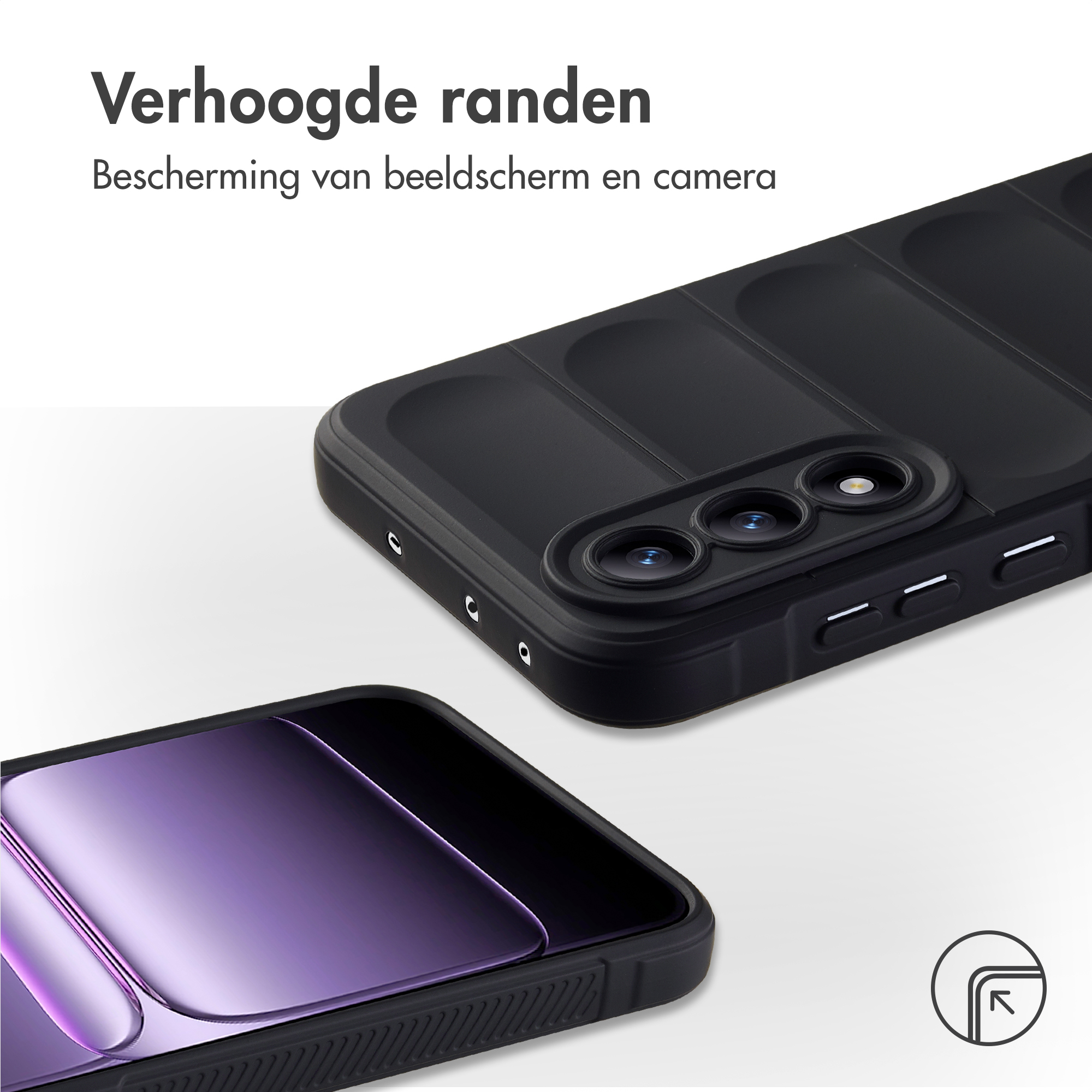 Zwarte telefoonhoes met camera-uitsparing en een andere telefoon in paars licht.