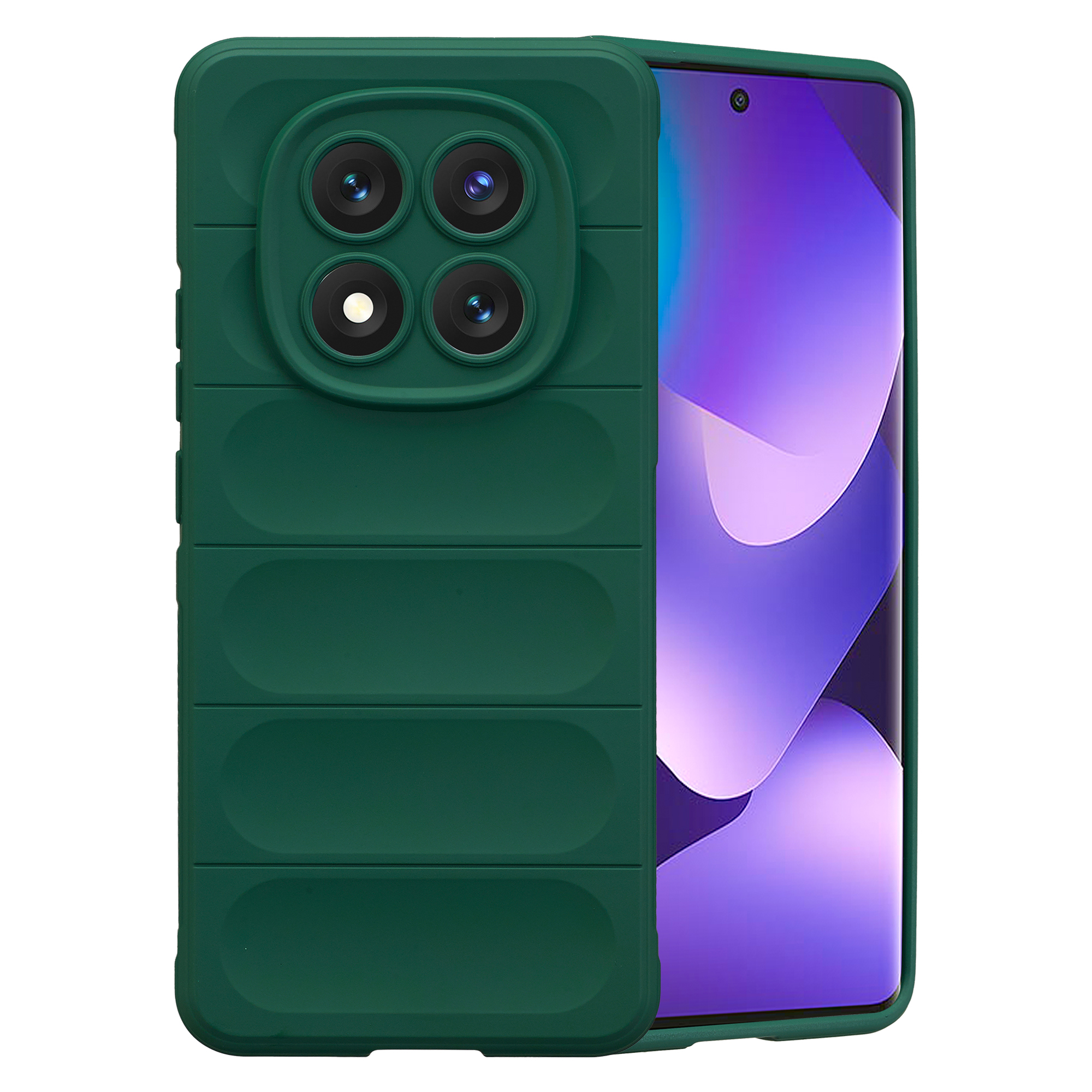 Coque de téléphone vert foncé avec quatre caméras et écran violet.
