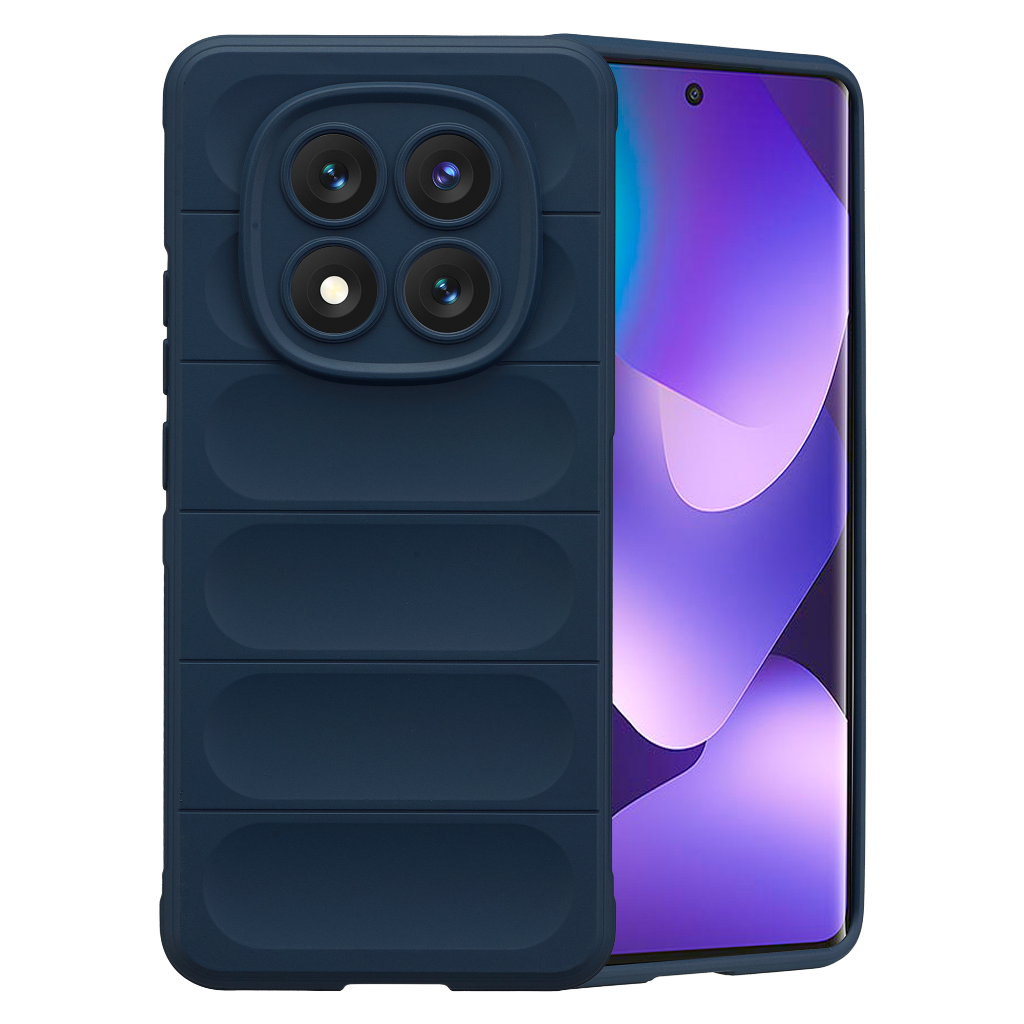 Coque de téléphone bleu foncé avec quadruple appareil photo et écran violet.