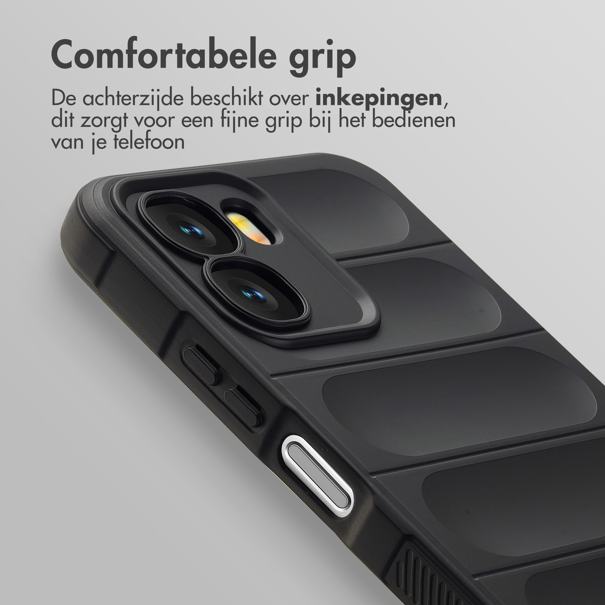 Zwarte telefoonhoes met textuur voor betere grip.