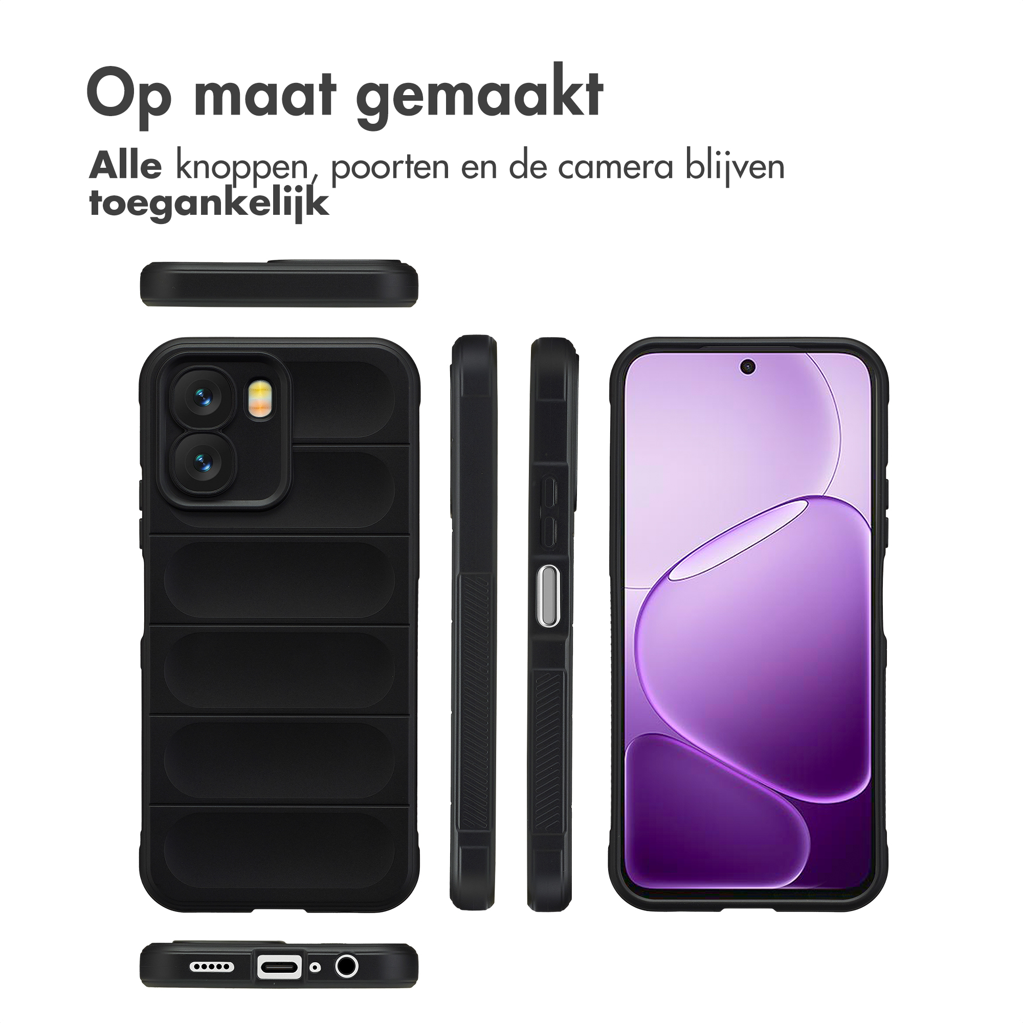 Zwarte telefoonhoes in verschillende aanzichten met smartphone.