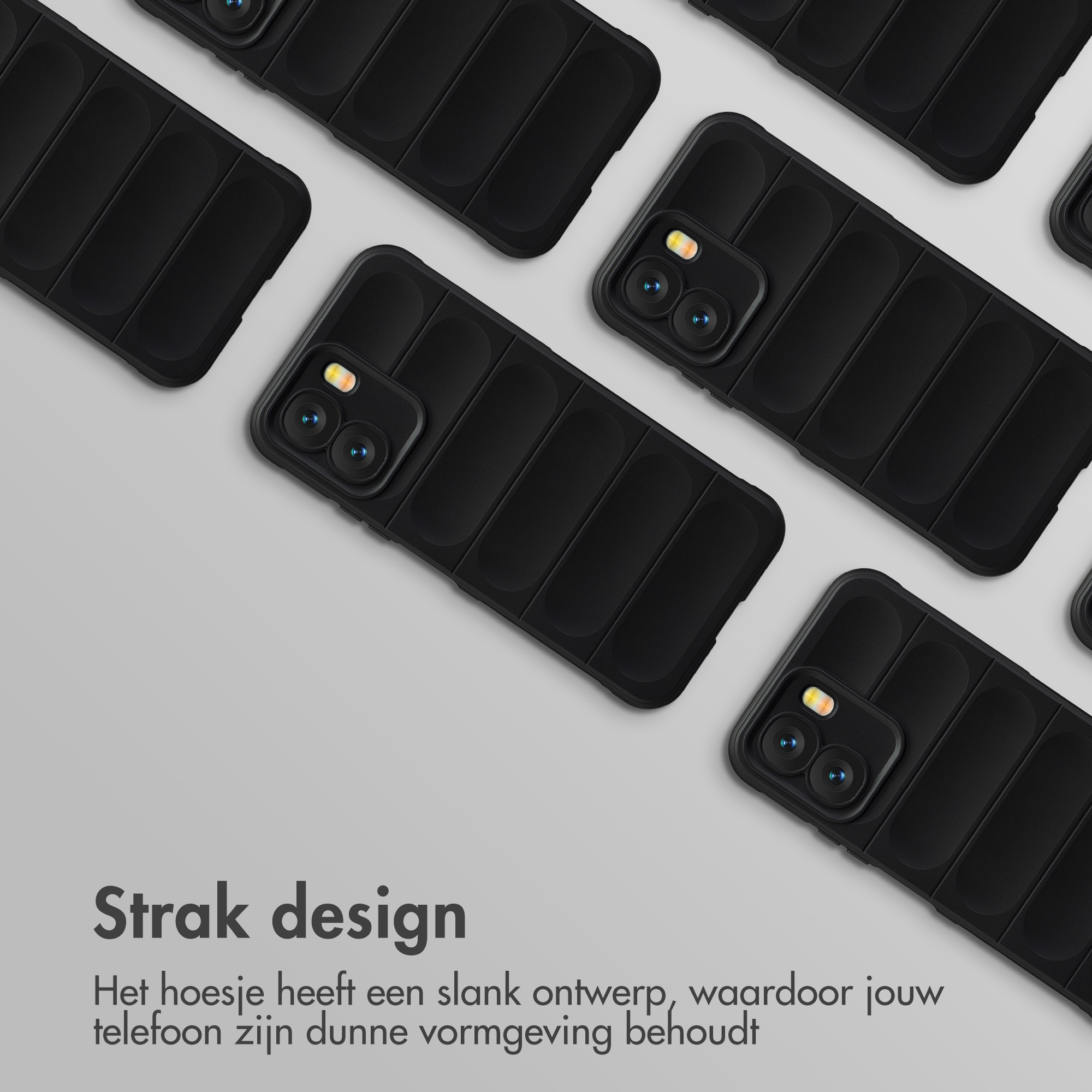 Meerdere zwarte telefoonhoesjes met ribbelpatroon liggen op grijze achtergrond.