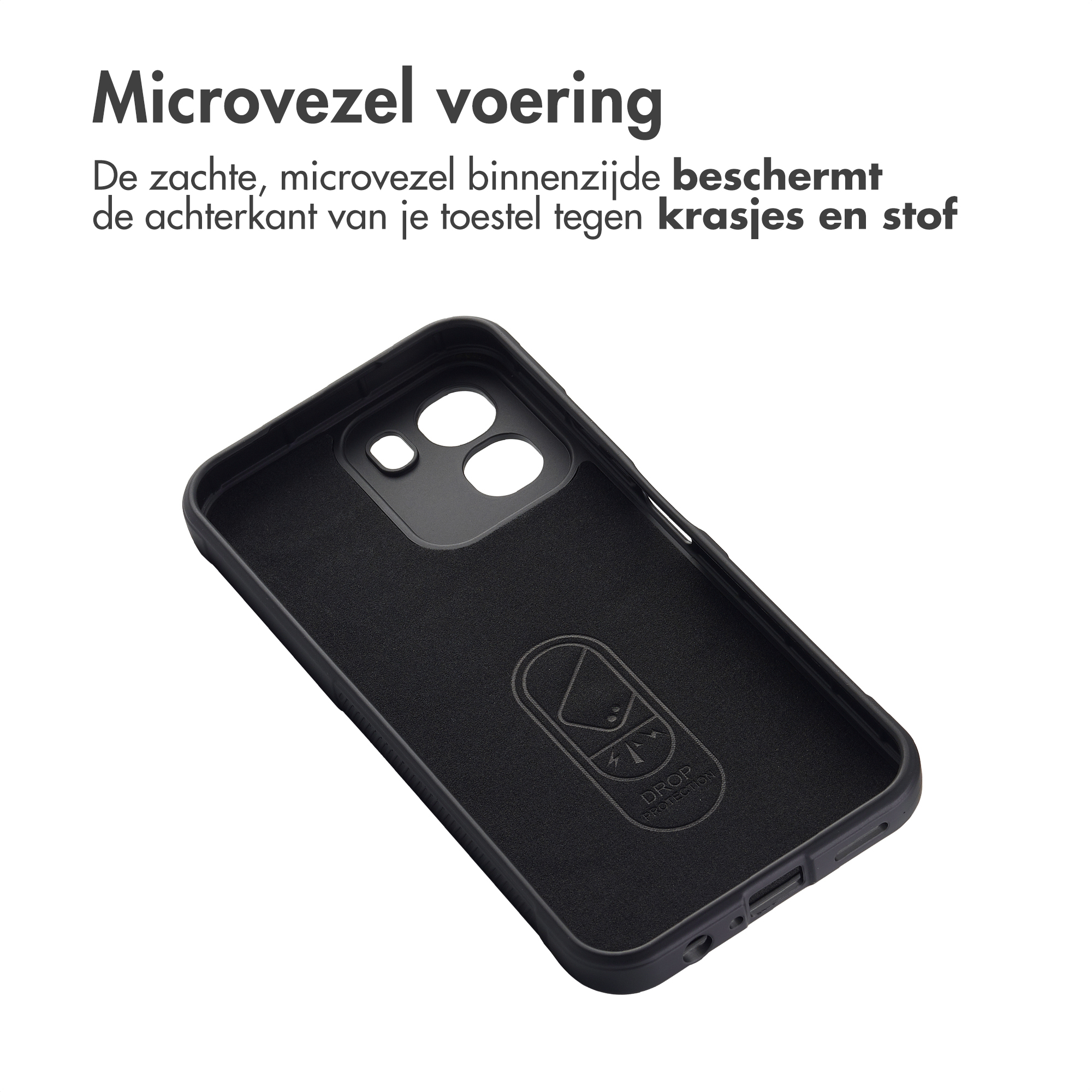 Zwarte telefoonhoes met microvezel voering en "Drop Protection" logo.