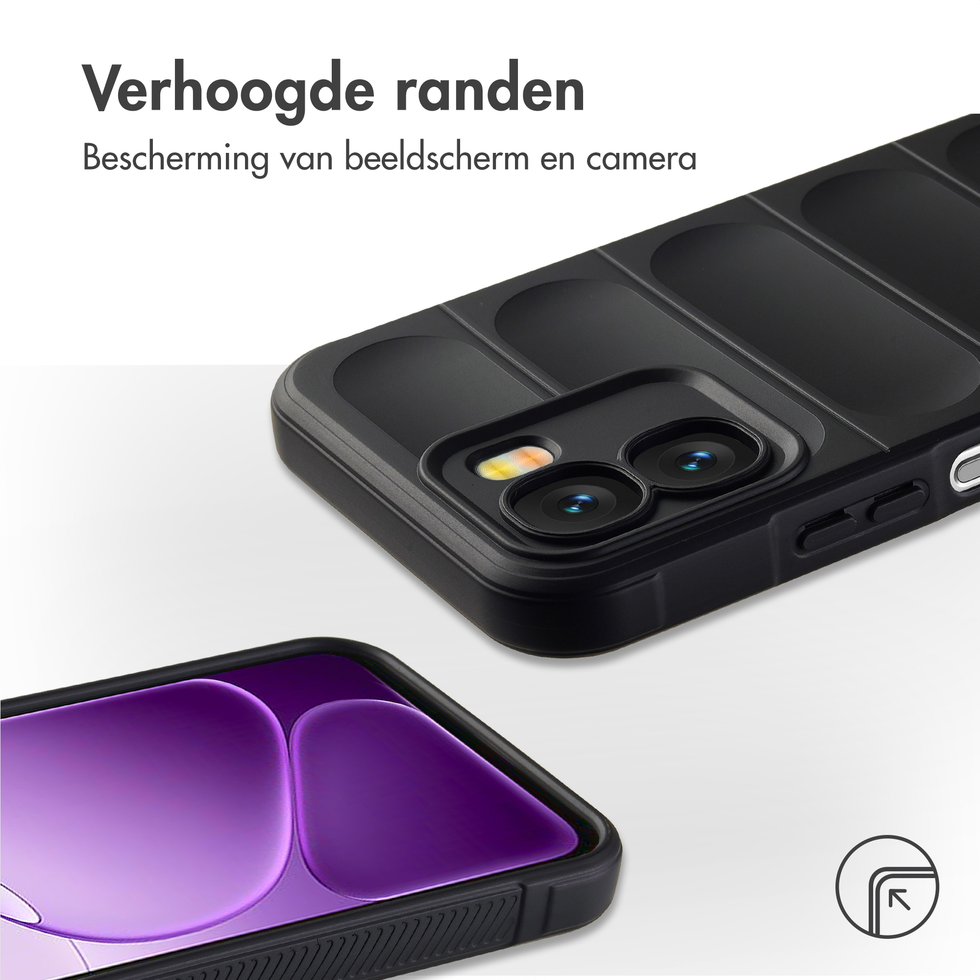 Zwarte telefoonhoes met verhoogde randen en camera-uitsparing.