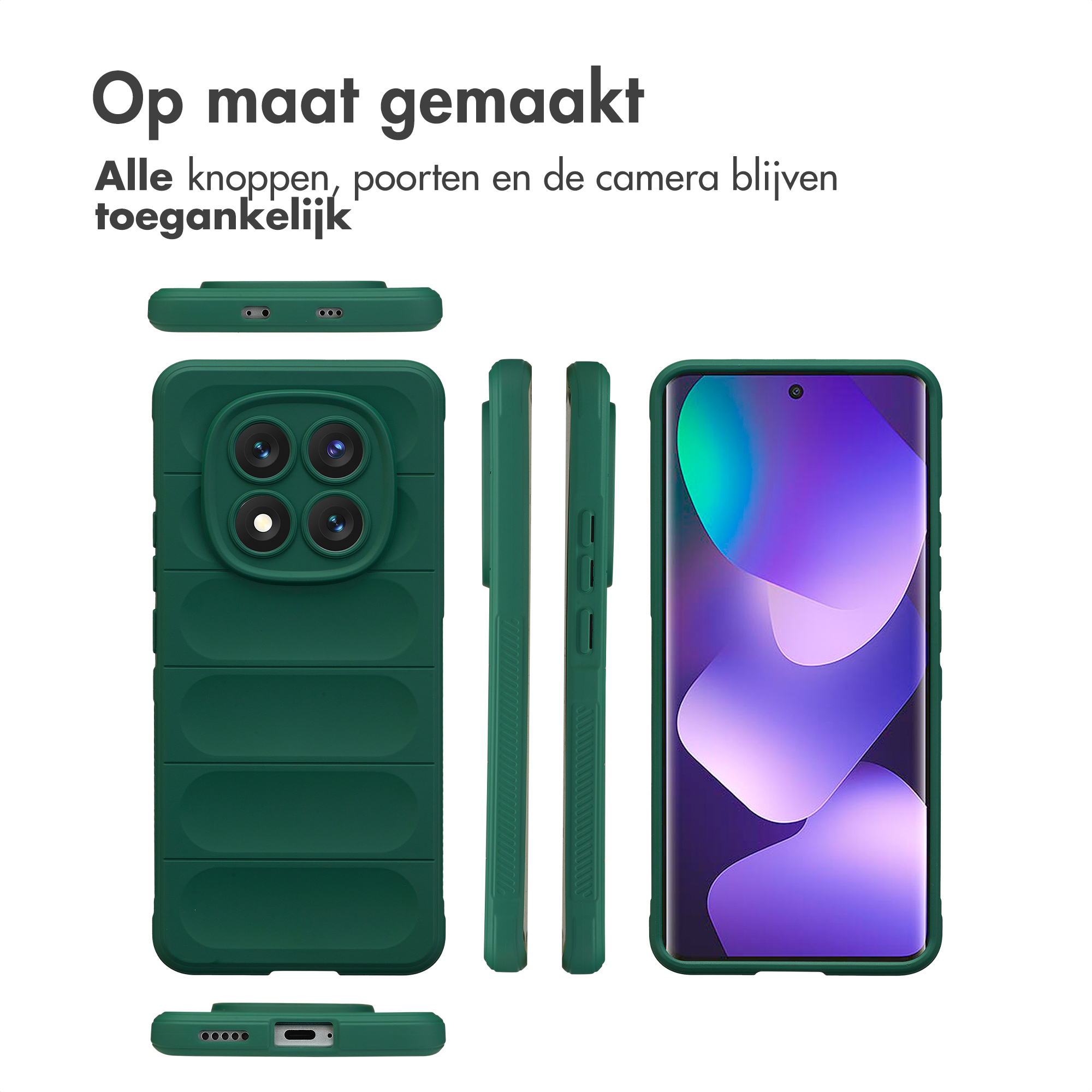 Coque de téléphone vert foncé avec quatre objectifs et boutons latéraux.