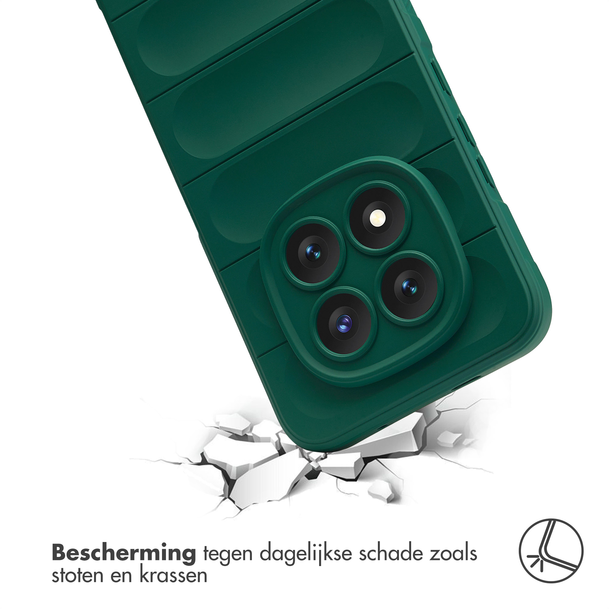 Cover verde per telefono cade su superficie incrinata. Protezione.
