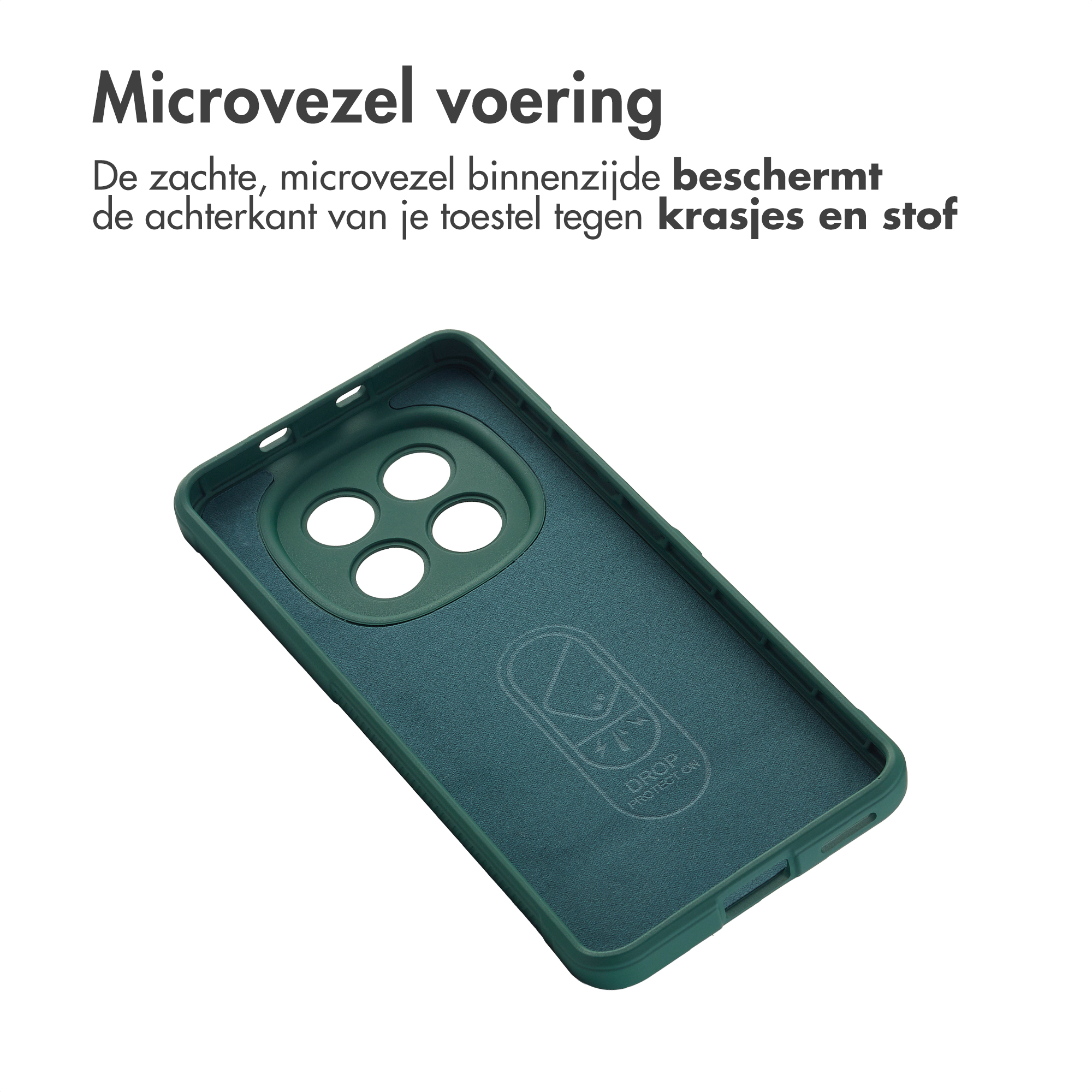 Intérieur de coque de téléphone vert foncé avec doublure microfibre et découpe.