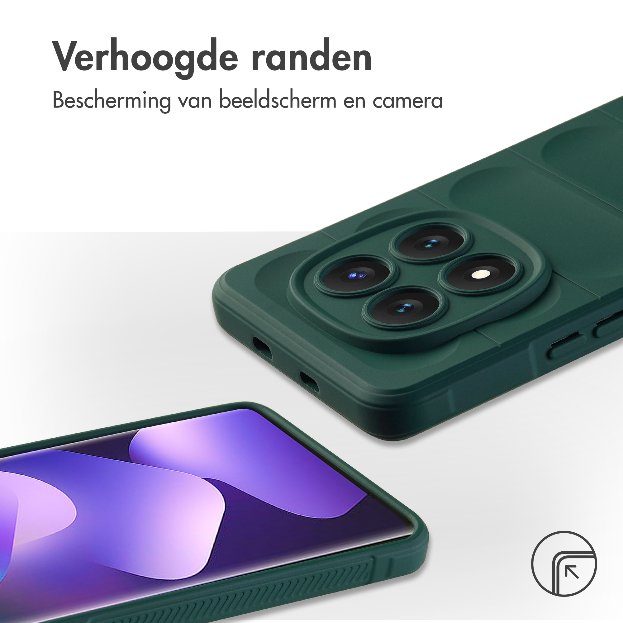 Coque de téléphone verte avec bloc caméra et écran visible.
