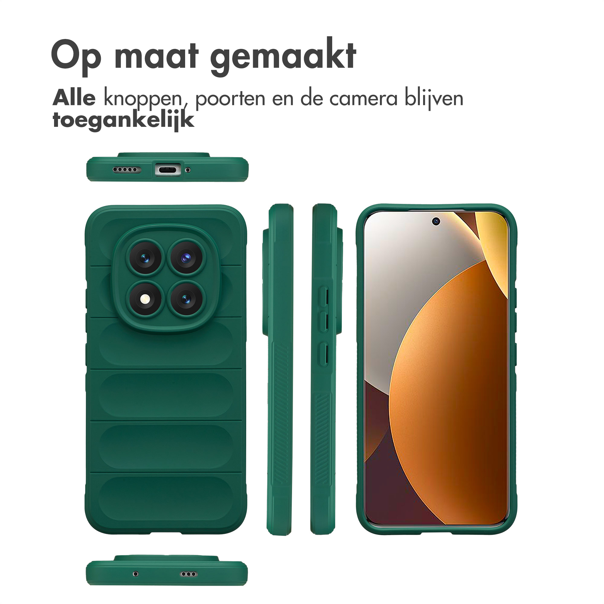 Una custodia per telefono verde mostrata da tutte le angolazioni con un telefono all'interno.