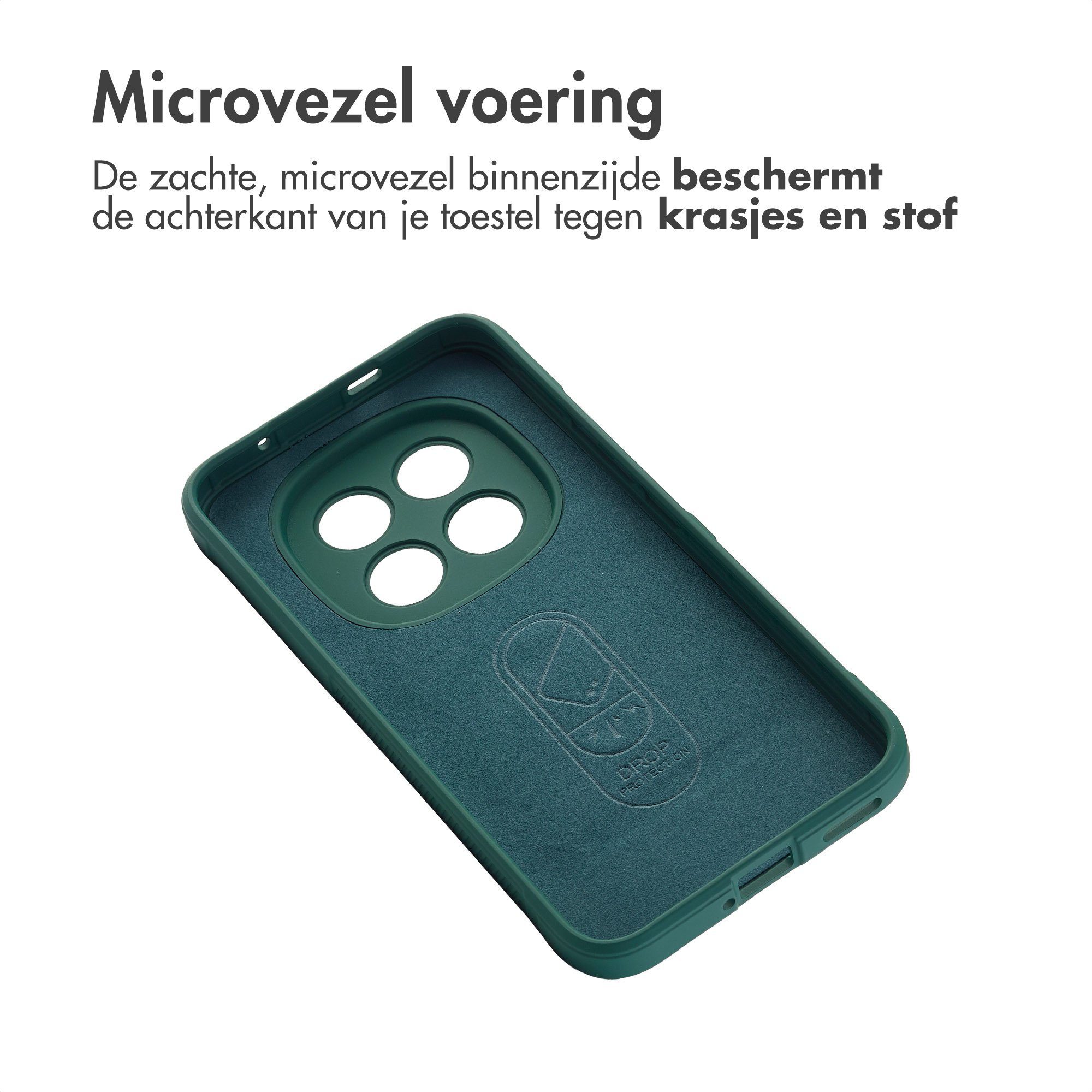 Custodia per telefono verde scuro con fodera in microfibra morbida e ritagli fotocamera.