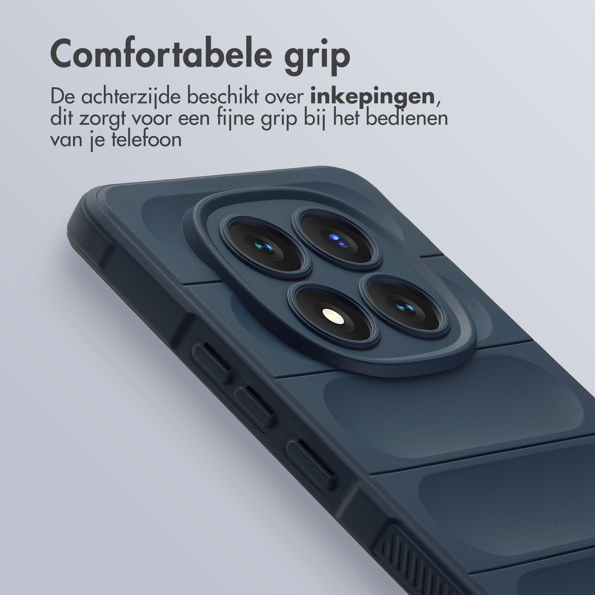 Coque de téléphone bleu foncé avec lentilles de caméra et rainures pour une meilleure prise.