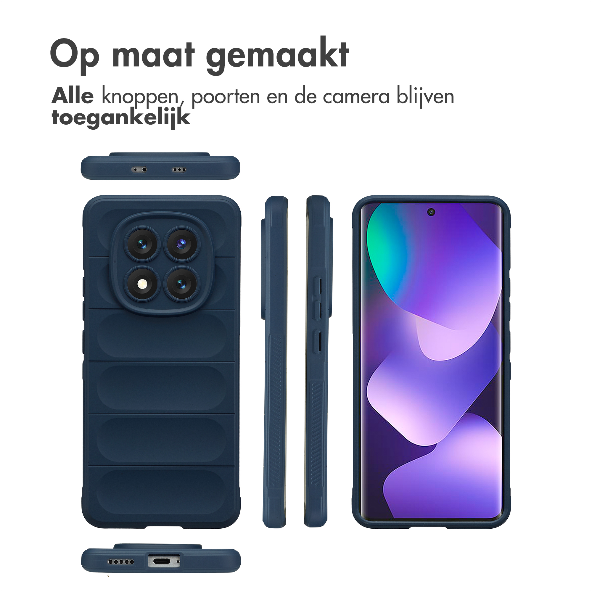 Coque de téléphone bleu foncé avec découpe quadruple pour appareil photo et écran.