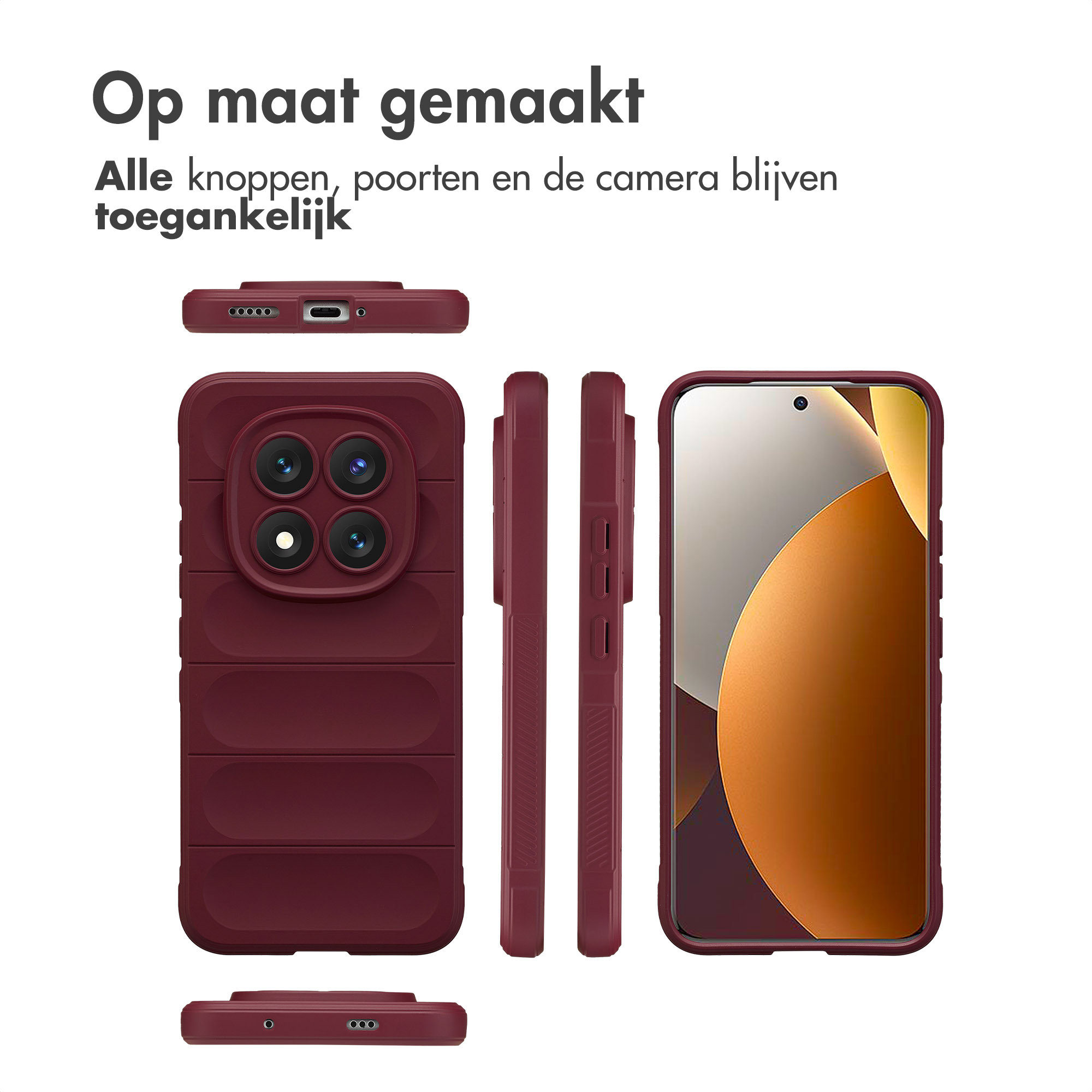Tre viste di una custodia per telefono rosso scuro con quattro obiettivi e uno smartphone.