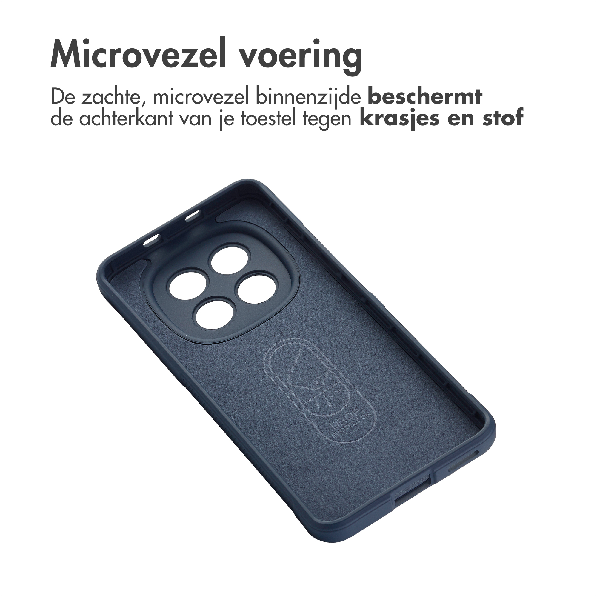 Coque de téléphone bleu foncé avec doublure microfibre et quatre découpes caméra.