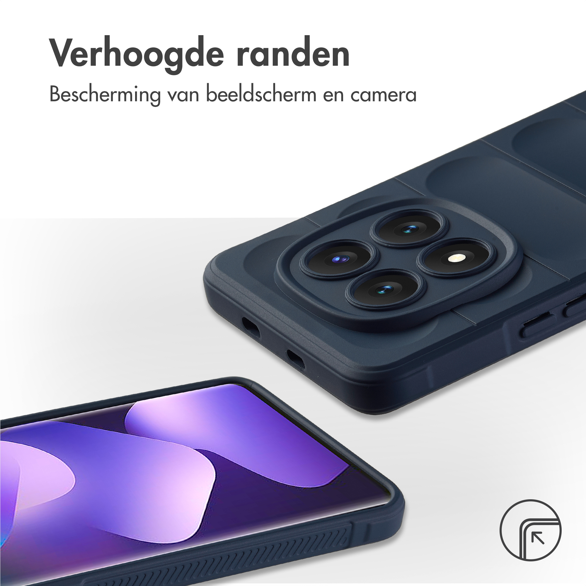Coque de téléphone bleu foncé avec découpe caméra et bord surélevé.