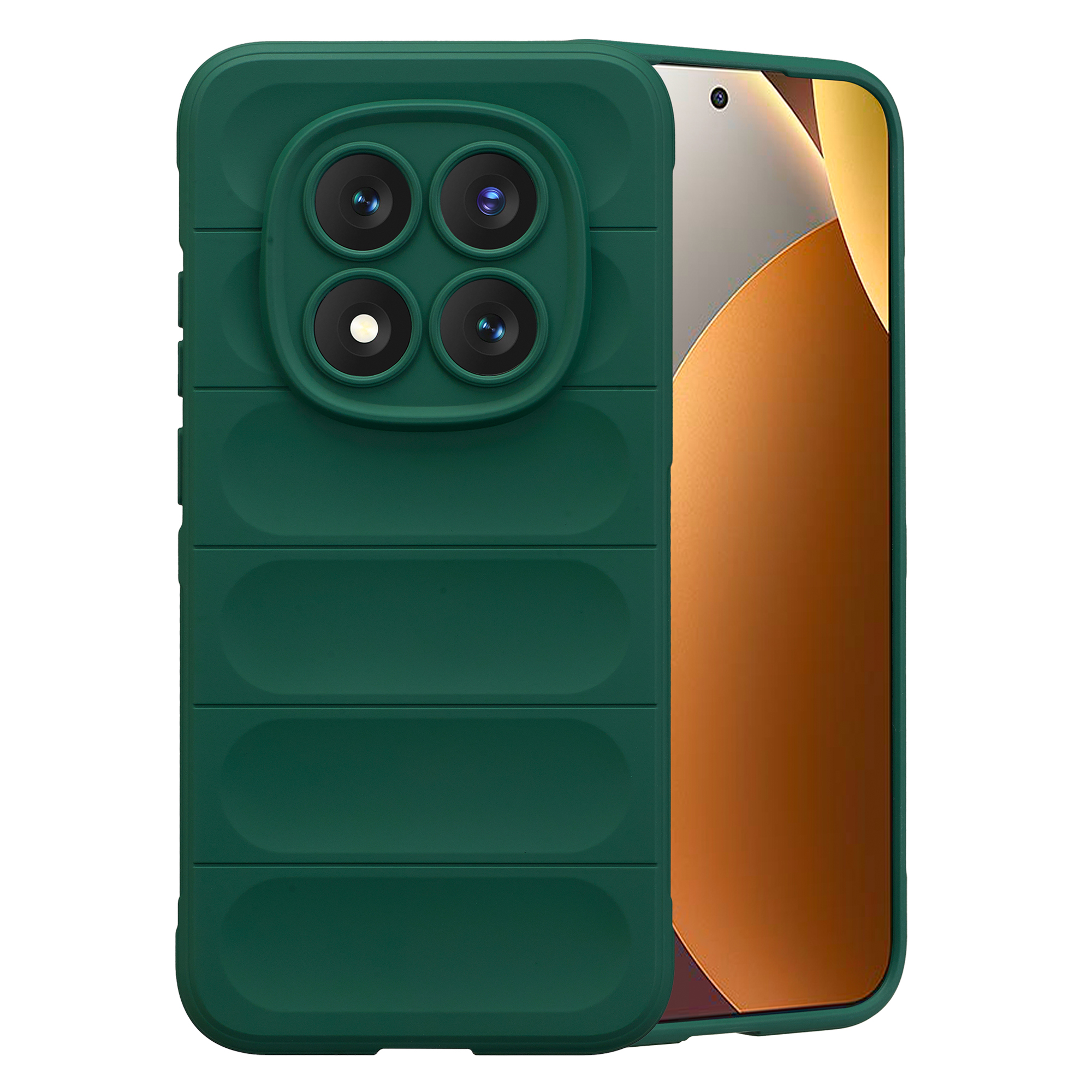 Donkergroene telefoonhoes met vierkante camera-uitsparing en horizontale ribbeltextuur.