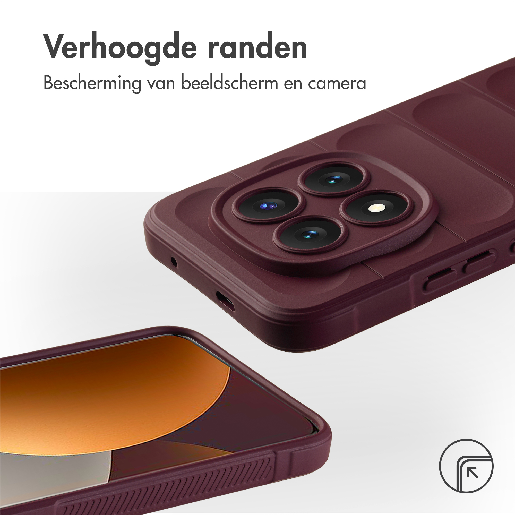 Custodia per telefono color bordeaux con bordi rialzati per fotocamere e schermo.