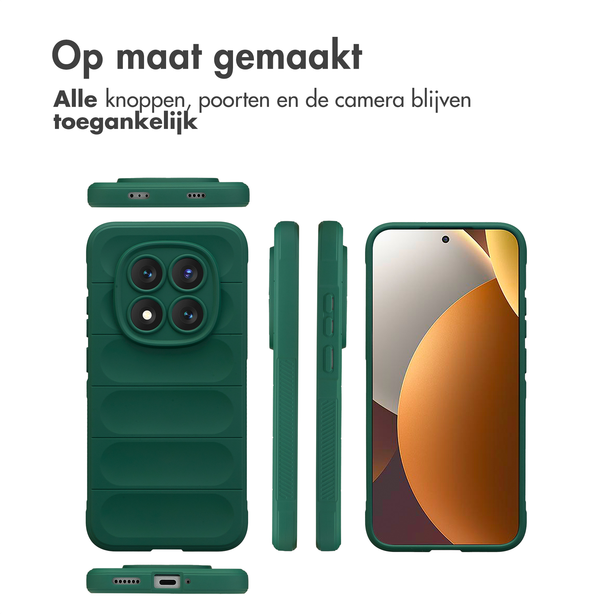 Drie aanzichten van een groene telefoonhoes met vier camera-uitsparingen en oplaadpoort.