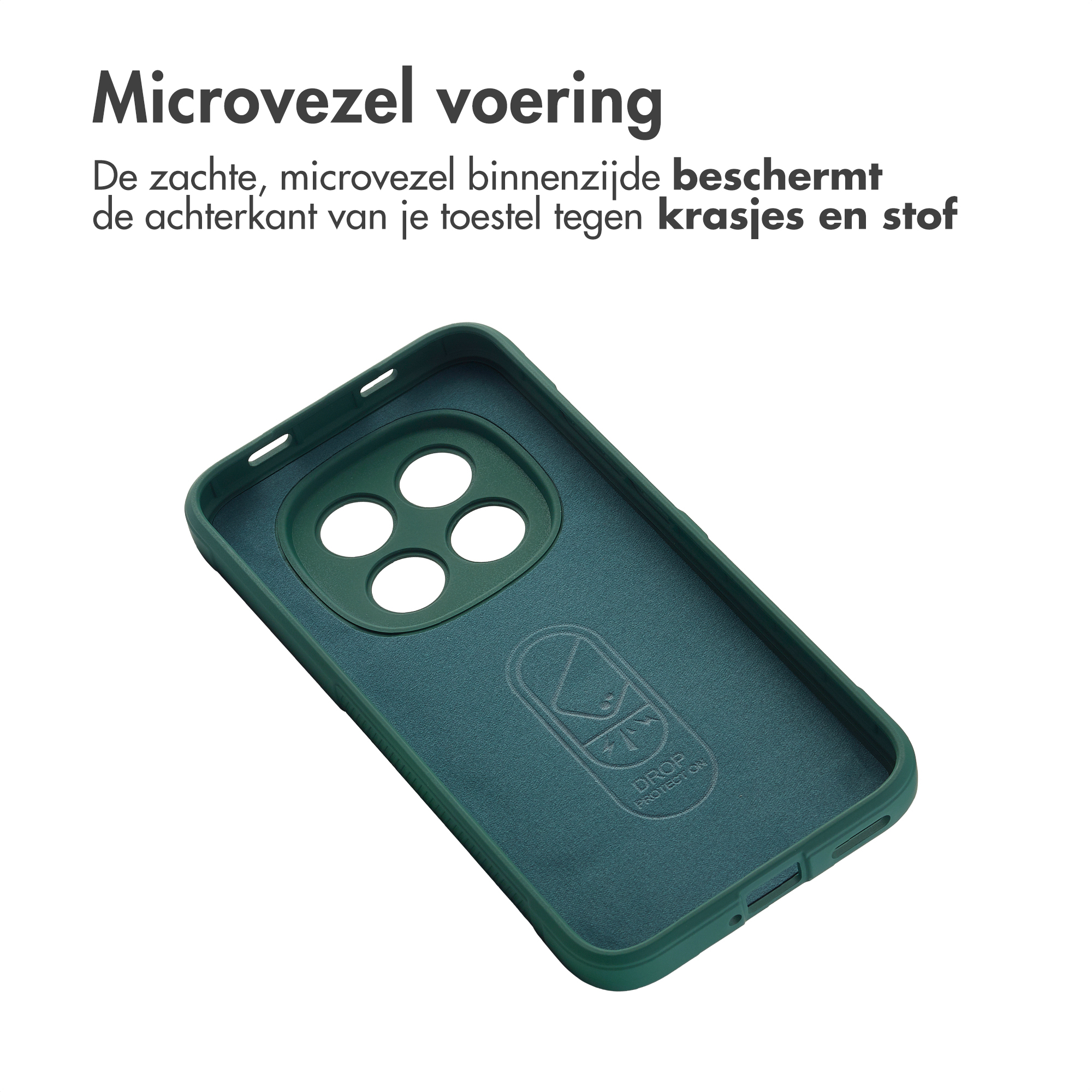 Donkergroene telefoonhoes met microvezel voering en camera-uitsparing.