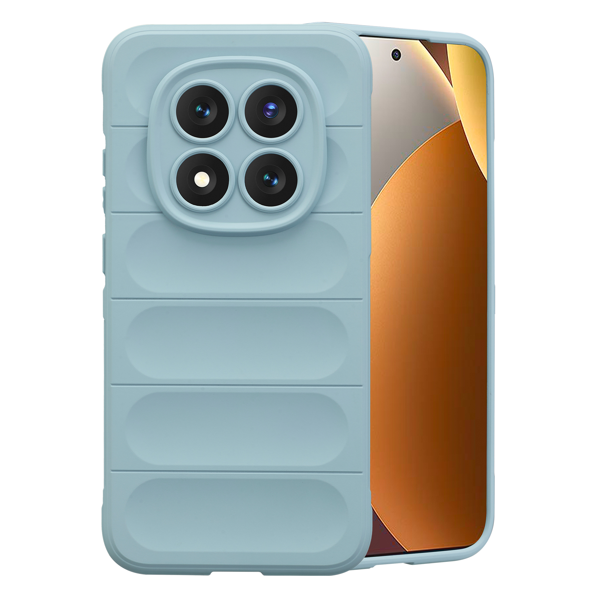 Lichtblauwe telefoonhoes met vier camera's en een oranje scherm.