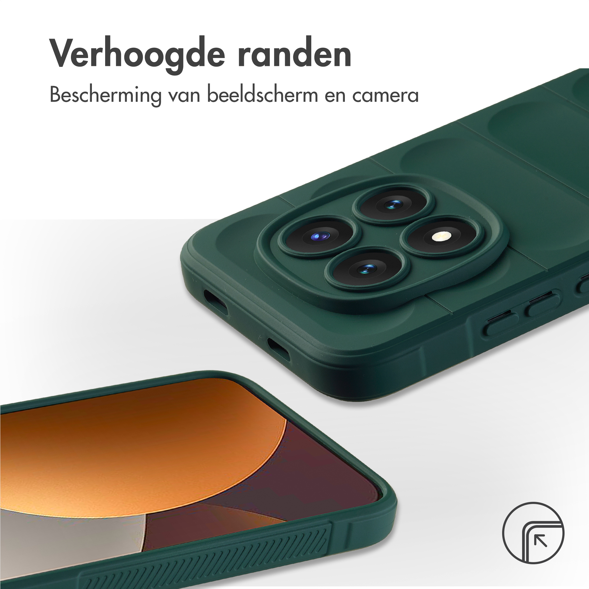 Donkergroene telefoonhoes met verhoogde randen voor camera's en scherm.