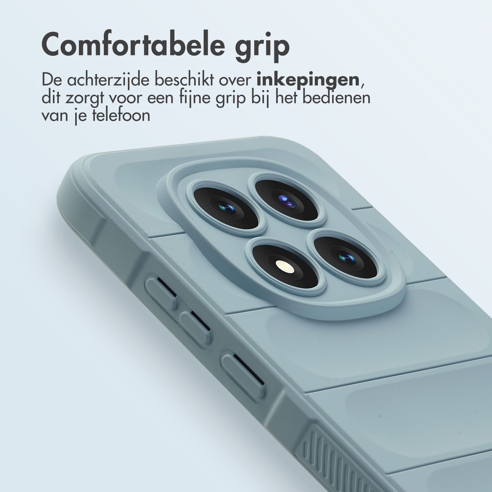 Een grijsblauwe telefoonhoes met uitsparingen voor camera's en knoppen.