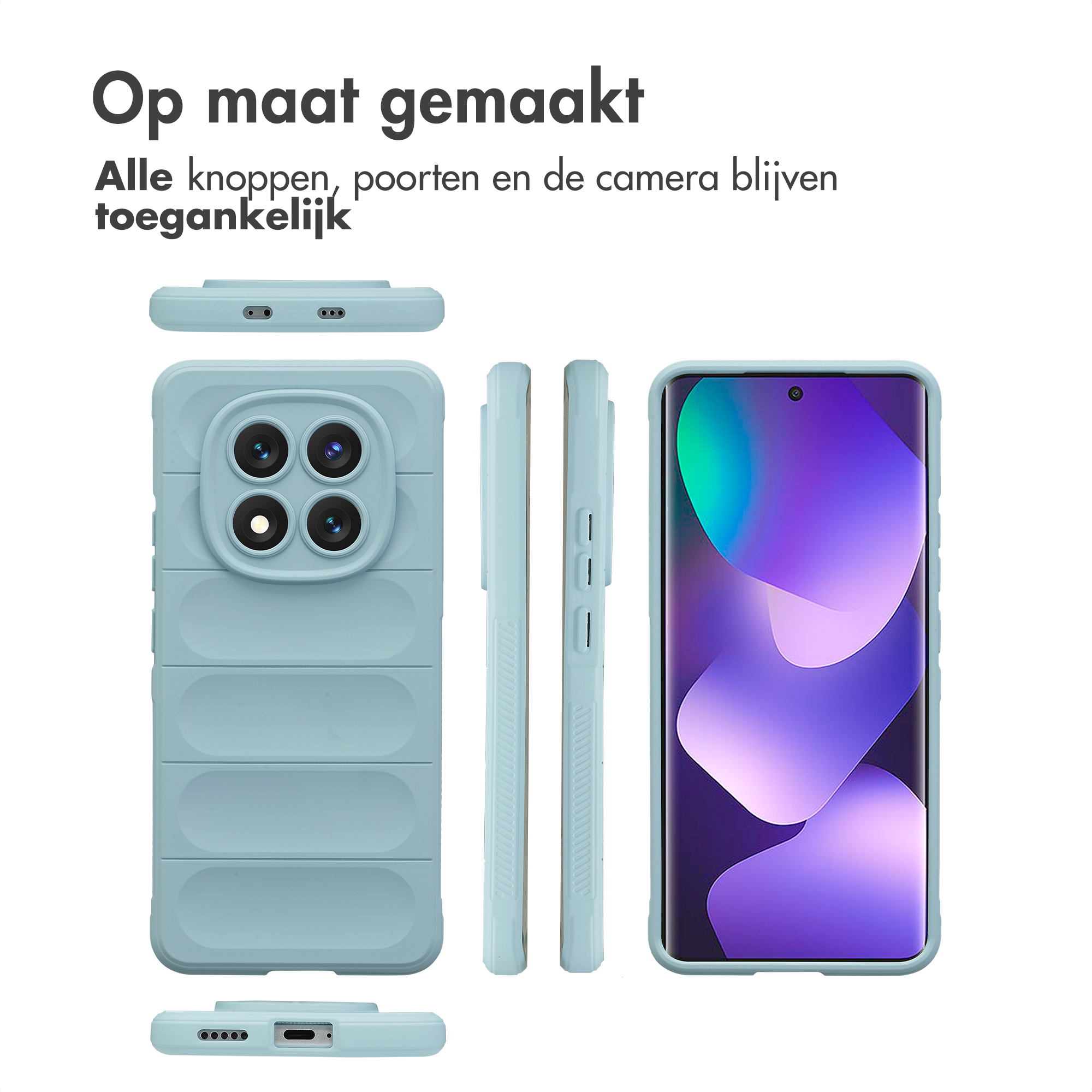 Een lichtblauwe telefoonhoes met vier camera's en zijknopjes wordt getoond.