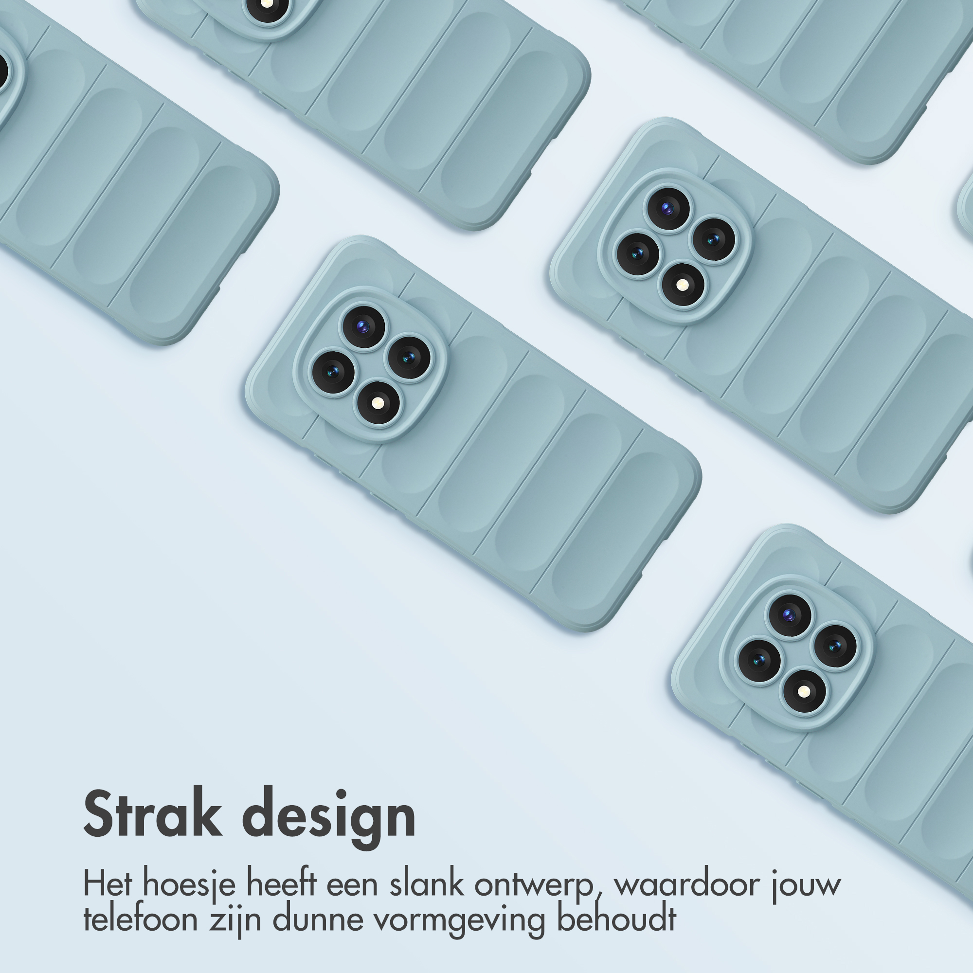 Meerdere lichtblauwe telefoonhoesjes met camera's op witte achtergrond.