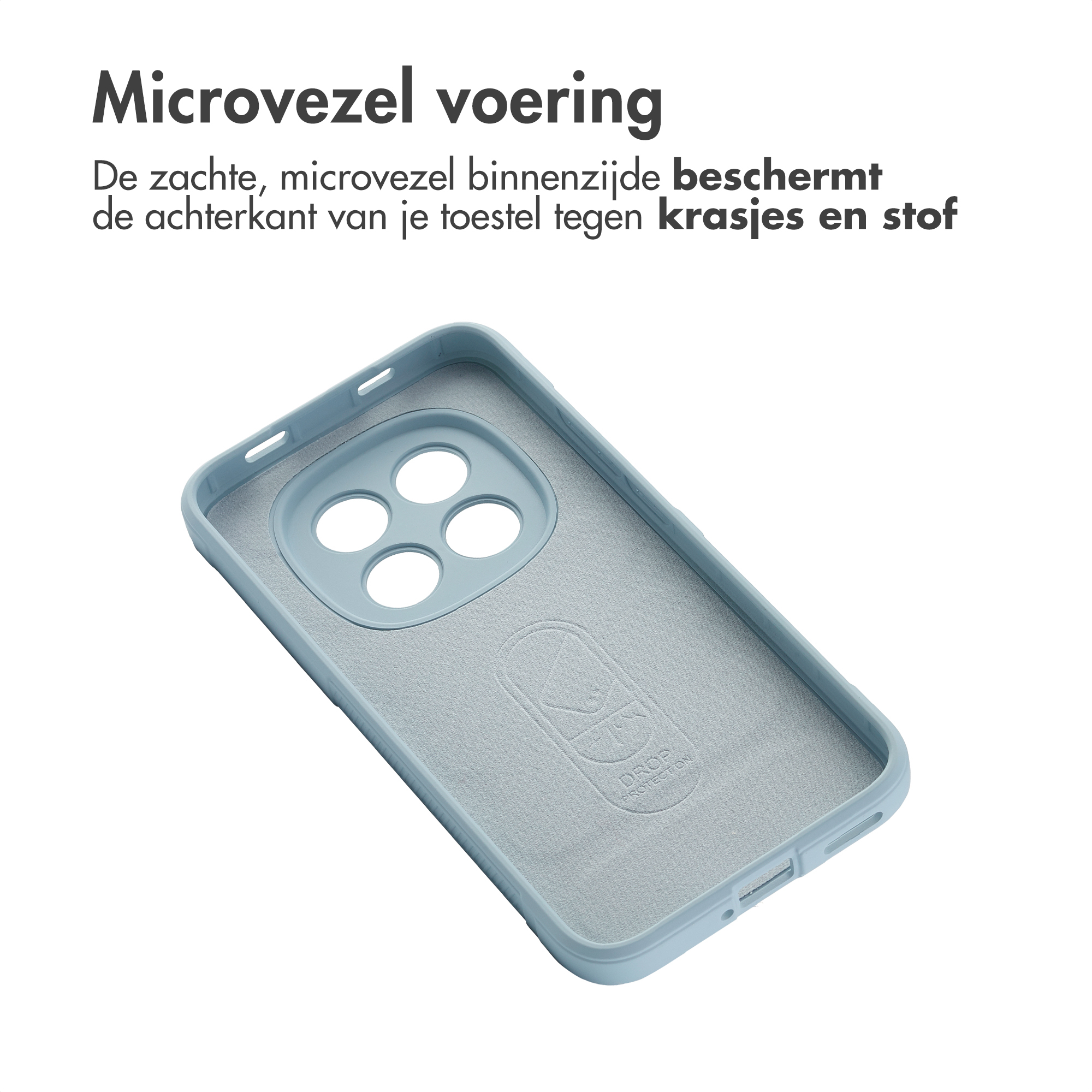 Lichtblauwe telefoonhoes binnenzijde met microvezel voering, camerauitsparingen.