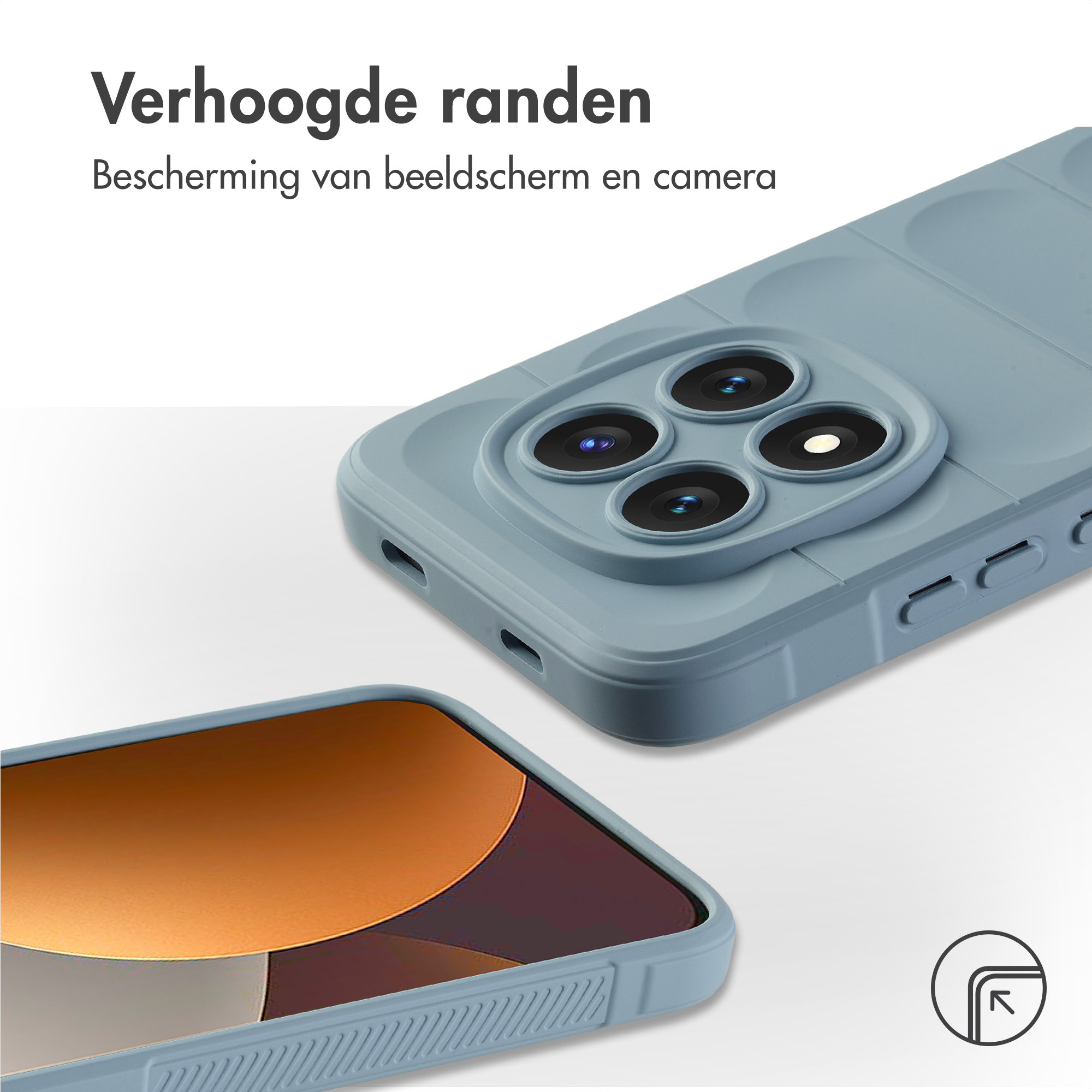 Blauwe telefoonhoes toont camera en scherm. Verhoogde randen voor bescherming.