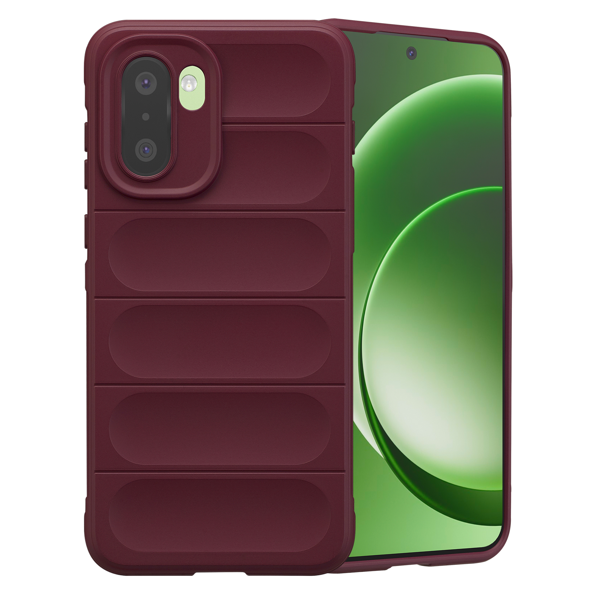 Donkerrode telefoonhoes met reliëfpatroon naast een smartphone met groen scherm.